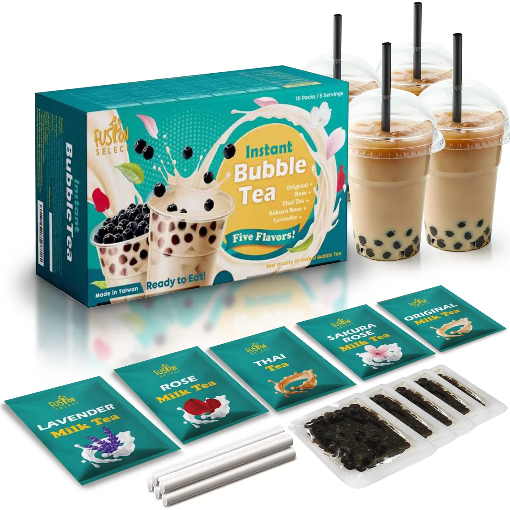 Fusion Select 5-Pack Authentic Boba Tea Kit - Sakura, Lavender, Rose, Thai Tea & Original Milk Tea Flavors with Tapioca Pearls & Straws | Extra Rich Bubble Tea Drinks for Home, Parties & Cafes