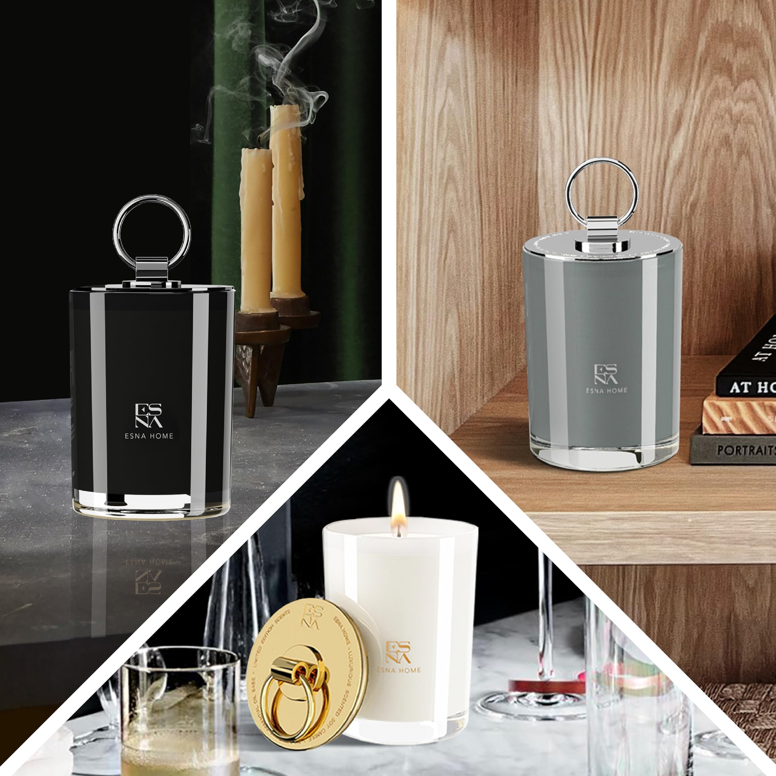 ESNA HOME Luxury Black Trio Set - 3 All-Natural Soy Scented Candles (150h Burn Time) | Perfect Aromatherapy Gifts for Women, Engagement Present | Ideal for Home Decor, Relaxation & Romantic Ambiance
