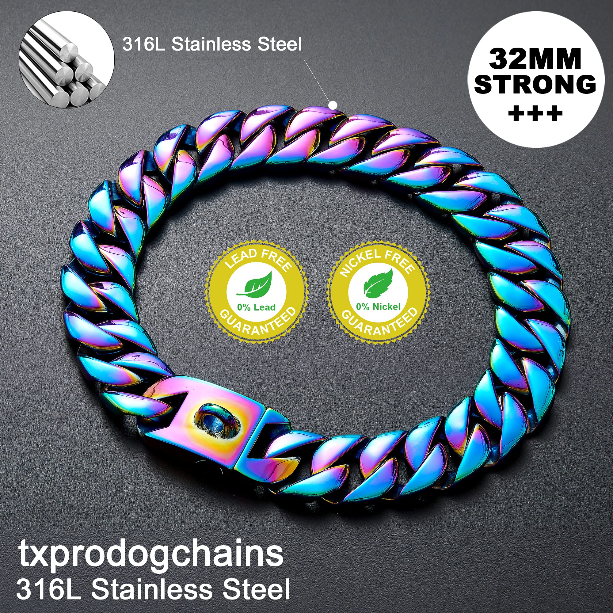 Heavy Duty 32MM Thick Cuban Link Dog Collar - Solid Stainless Steel Silver Chain Collar with Buckle for Large Dogs (24