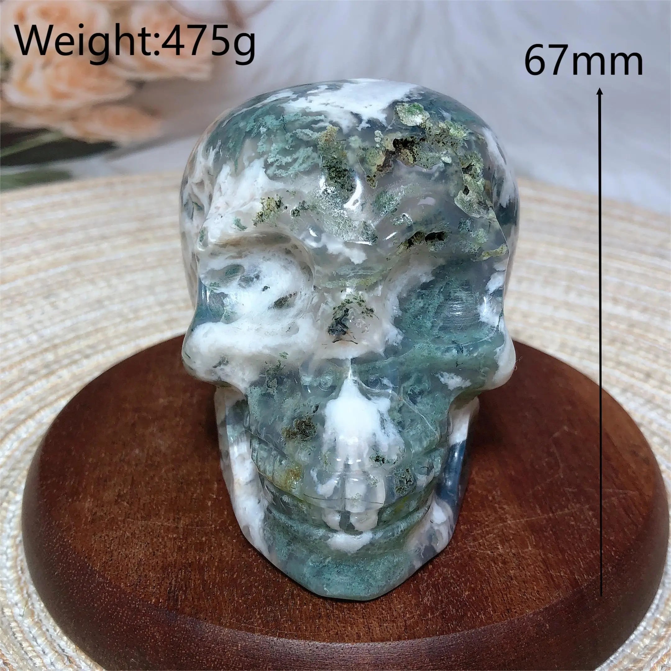 Natural Crystal Moss Agate Skull Carving - Polished Healing Stone for Reiki Energy, Spiritual Home Decor & Meditation Room Decoration | Perfect for Yoga Spaces, Altars & Positive Energy Gifts
