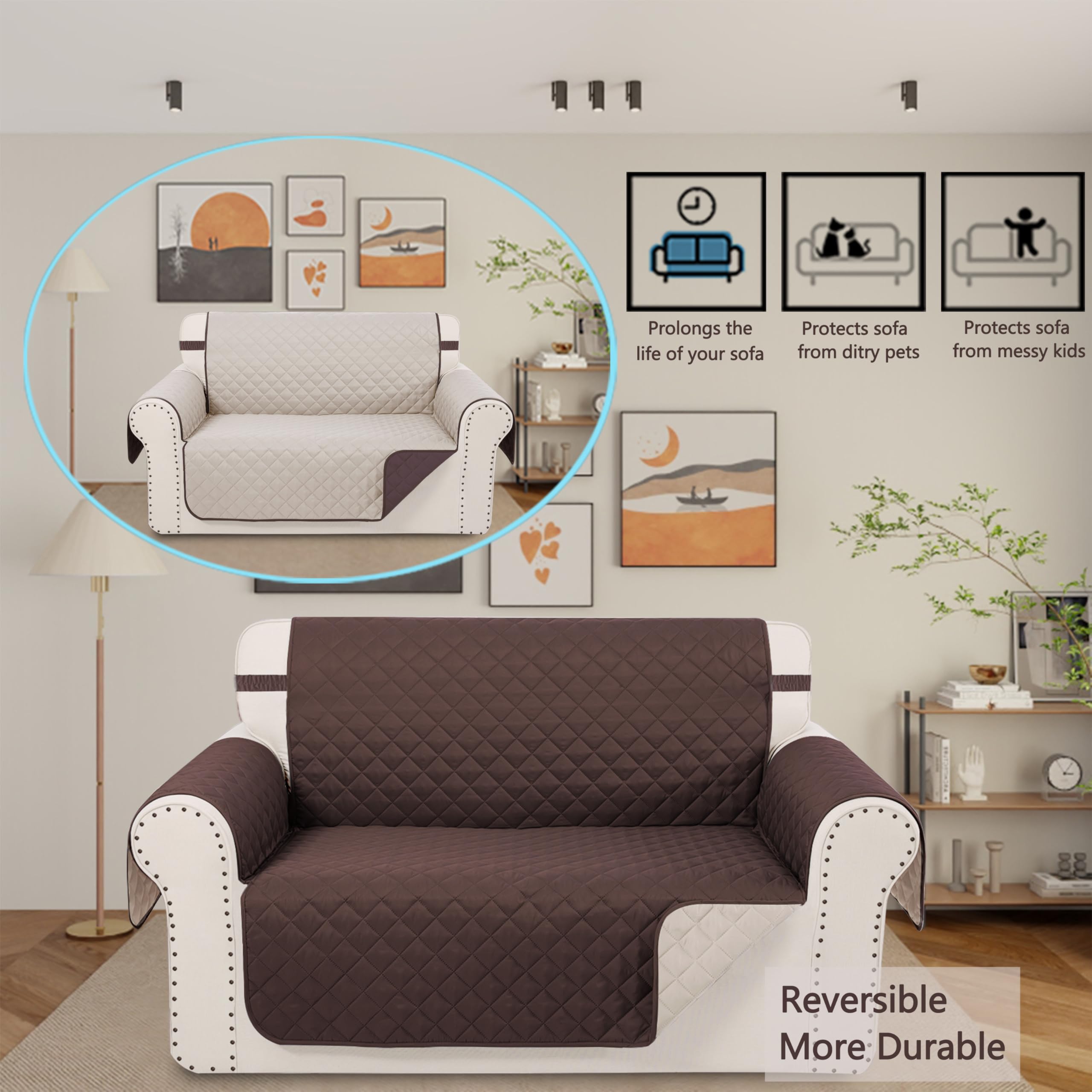 Reversible Loveseat Sofa Cover - Chocolate/Beige Stretchable Furniture Protector for Couches - Perfect for Living Room, Bedroom & Home Decor
