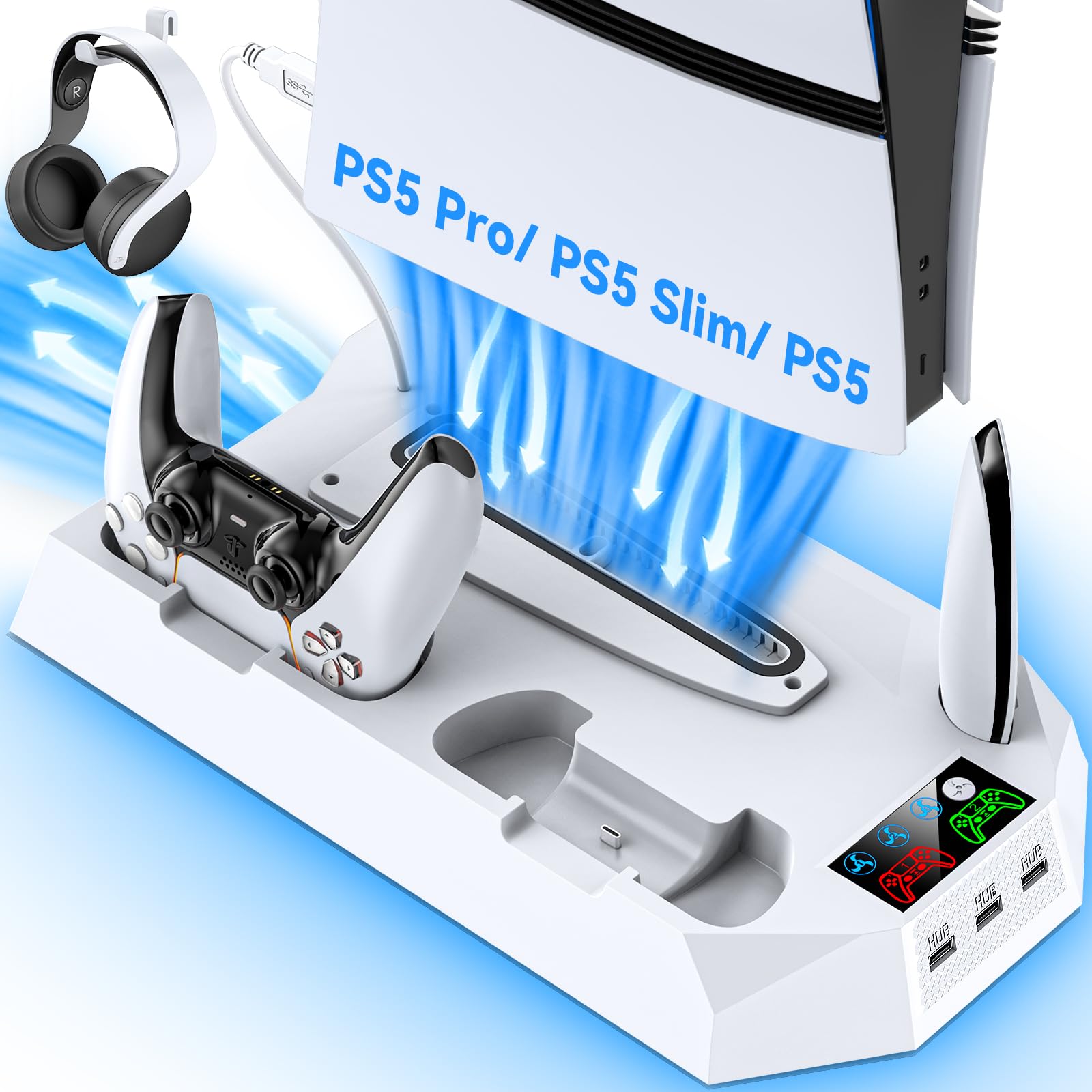 Tokluck PS5 Cooling Station with Dual Controller Charger - 3-Speed Cooling Fan, Headset Stand & 3 USB Ports for PS5/PS5 Slim/PS5 Pro - Perfect for Gaming Marathons & Console Protection