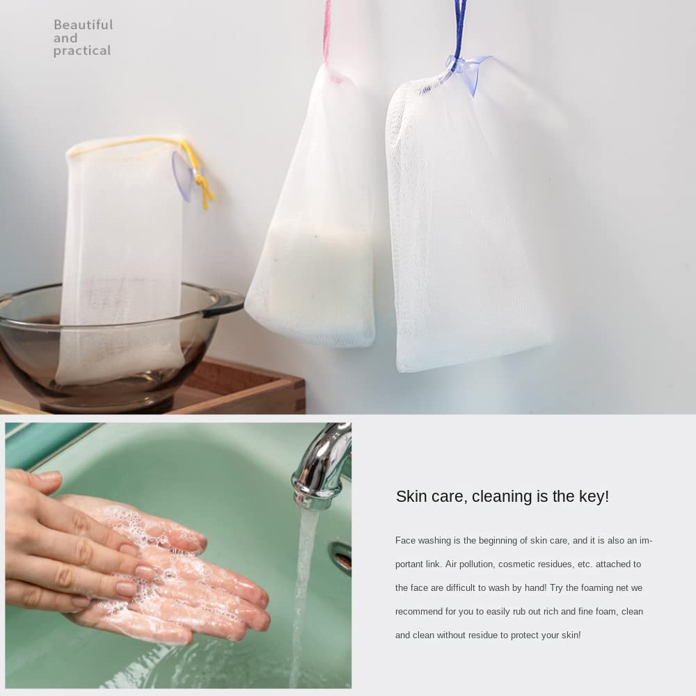 100PCS Exfoliating Mesh Soap Pouches - Reusable Bubble Foaming Net Soap Bags with Drawstring & Suction Cup - Soap Savers for Shower, Bath, Travel & Gym - Gentle Exfoliation & Lather Booster