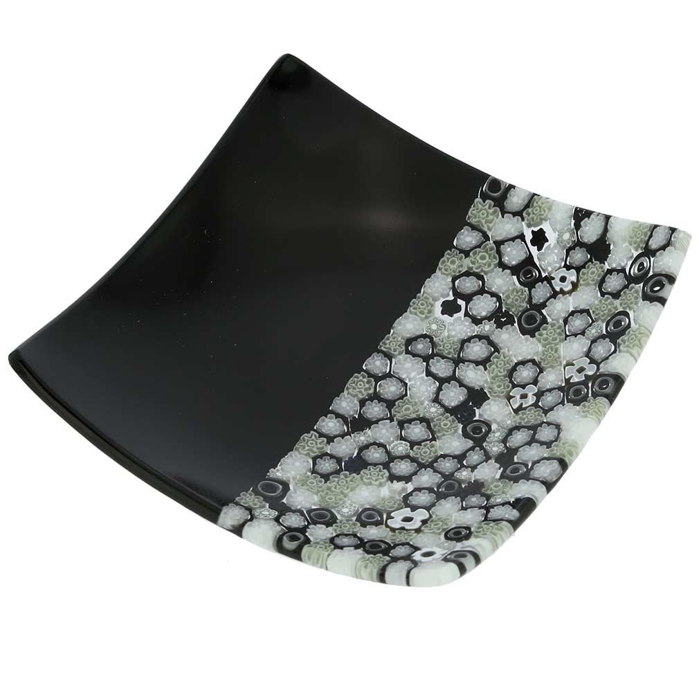 Venetian Murano Millefiori Glass Square Plate - Handcrafted Black & White Italian Art Piece for Home Decor, Wedding Gift or Collector's Item