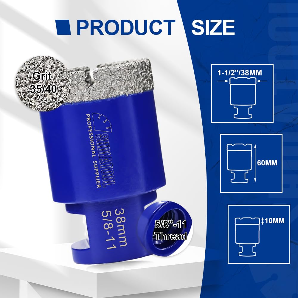 Diamond Drill Bits 1-1/2 Inch (38mm) - Vacuum Brazed Core Hole Saw for Porcelain, Ceramic Tile, Marble & Brick - Perfect for DIY Home Renovation, Bathroom Remodeling & Tile Installation Projects