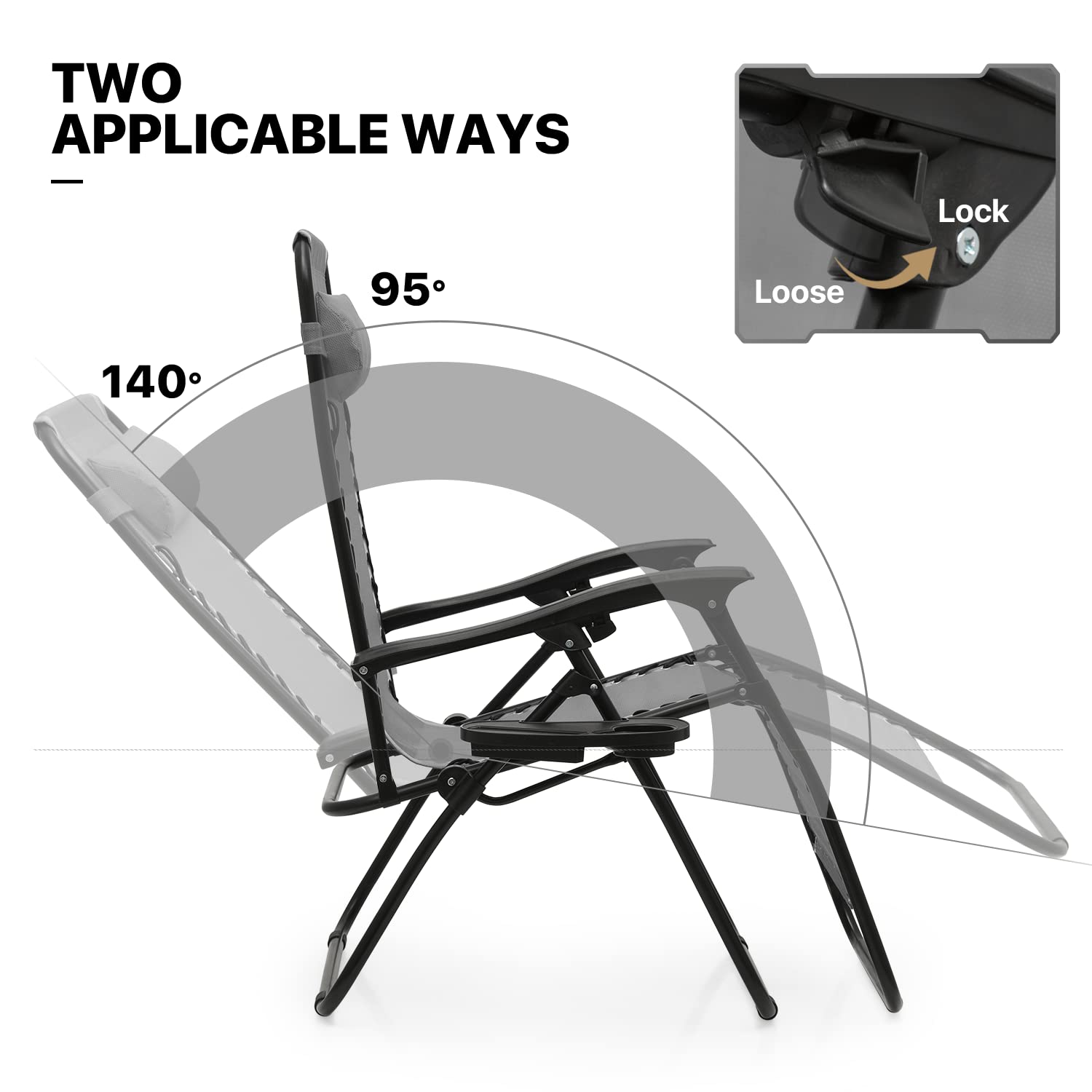 MoNiBloom 3-Piece Zero Gravity Lounge Chair Set - Adjustable Reclining Outdoor Chairs with Side Table, Pillow & Tray - 330lbs Capacity - Perfect for Pool, Patio, Beach, Backyard & Camping - Space Gray