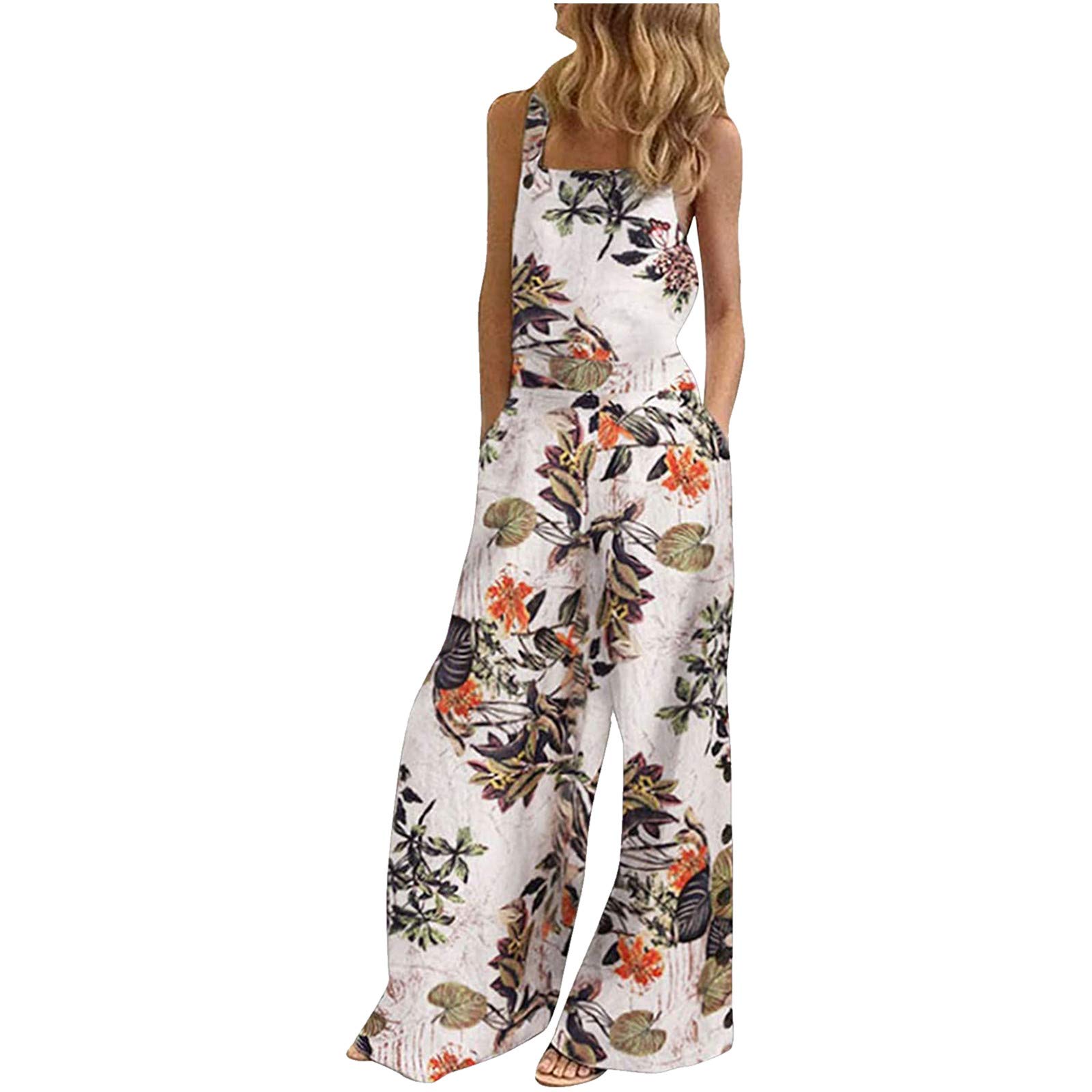 Vintage Print Jumpsuits for Women - Wide Leg Romper Overalls with Buttons & Pockets - Plus Size Casual Outfit for Summer, Beach, and Streetwear Fashion