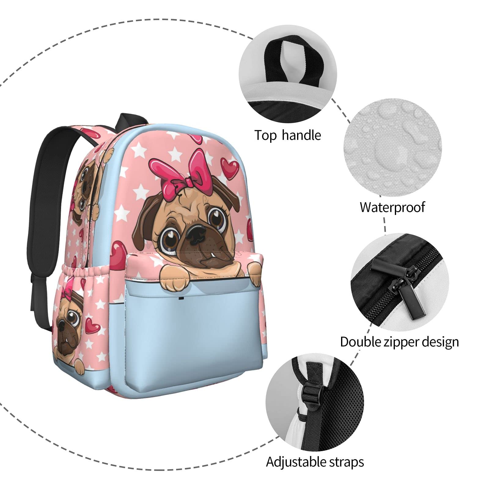 **Delerain 17 Inch Laptop Backpack - Cute Cartoon Pug Dog Design, School Bookbag & Casual Daypack for Men & Women - Perfect for School, Work, Camping, Hiking, Picnic, Beach & Travel**