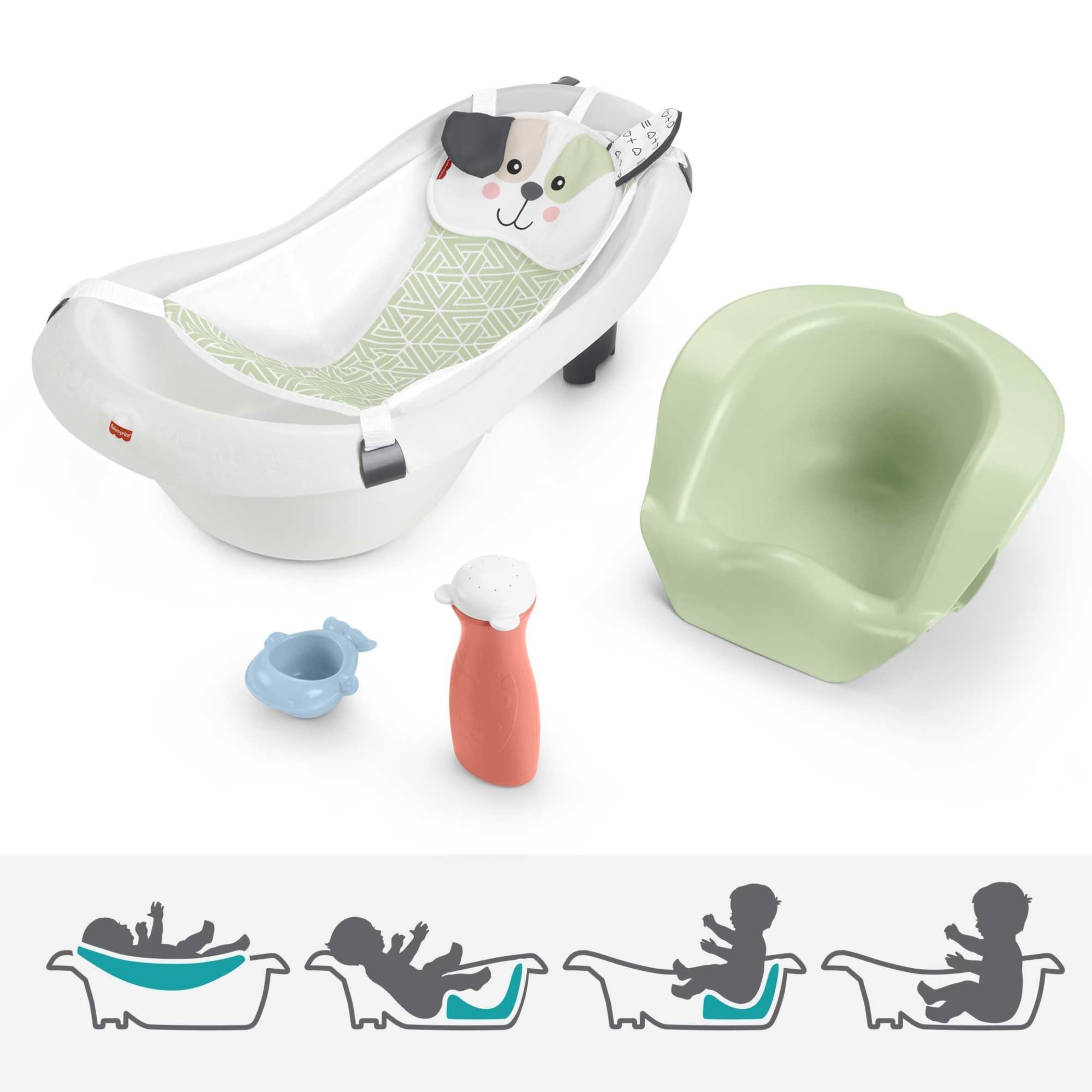 Fisher-Price 4-in-1 Baby to Toddler Bathtub with Removable Infant Sling Seat & Puppy Toys - Convertible Bathing Tub for Newborns to Toddlers - Perfect for Bath Time Safety and Play in Nursery or Bathroom