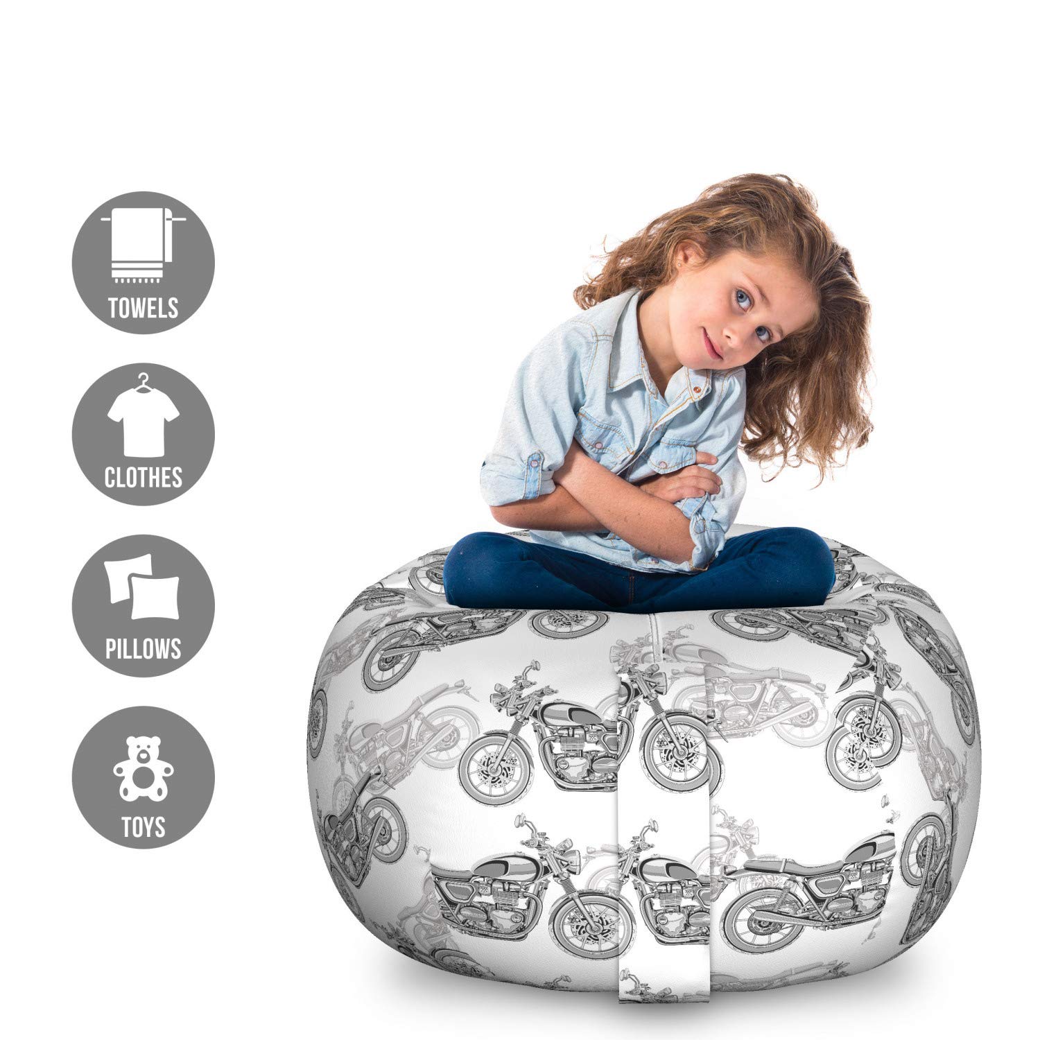 Ambesonne Motorcycle Storage Toy Bag Chair - Large Washable Stuffed Animal Organizer with Realistic Grayscale Classic Motorcycle Design | Perfect for Kids' Room, Nursery, Playroom & Toy Storage