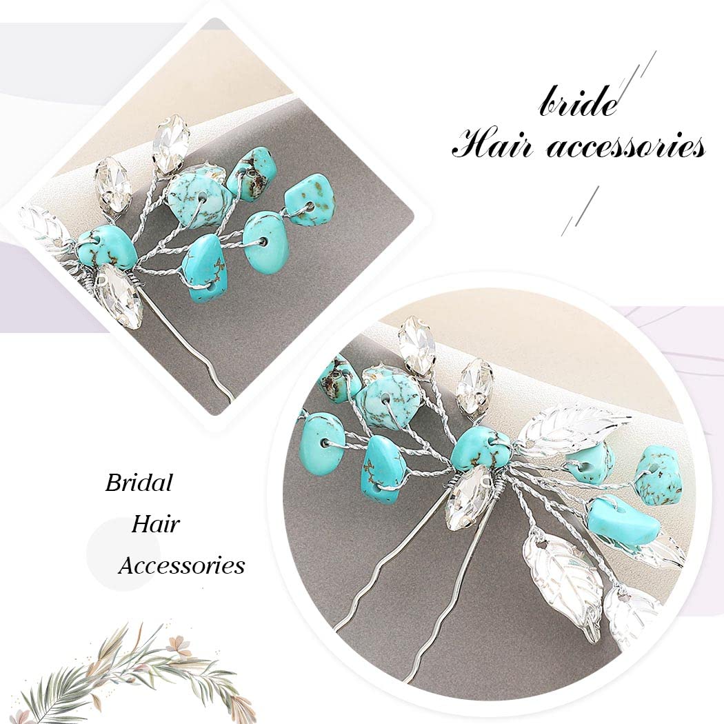Turquoise Hair Pins with Silver Leaf Design - Glitter Rhinestone Bridal Hair Accessories for Women (Pack of 2) | Perfect for Weddings, Prom, Parties & Special Occasions