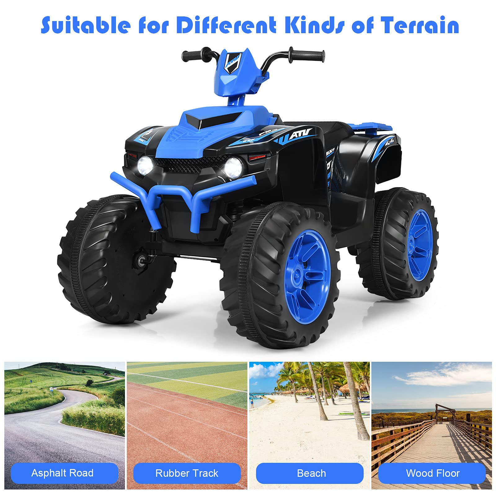 HONEY JOY 12V Kids Electric Ride On ATV Quad - 4-Wheeler Battery Powered Toddler Toy with 2 Speeds, LED Headlights, Slow Start, Horn & Music - Blue Off-Road Vehicle for Boys & Girls - Perfect for Indoor Playrooms & Outdoor Backyard Adventures