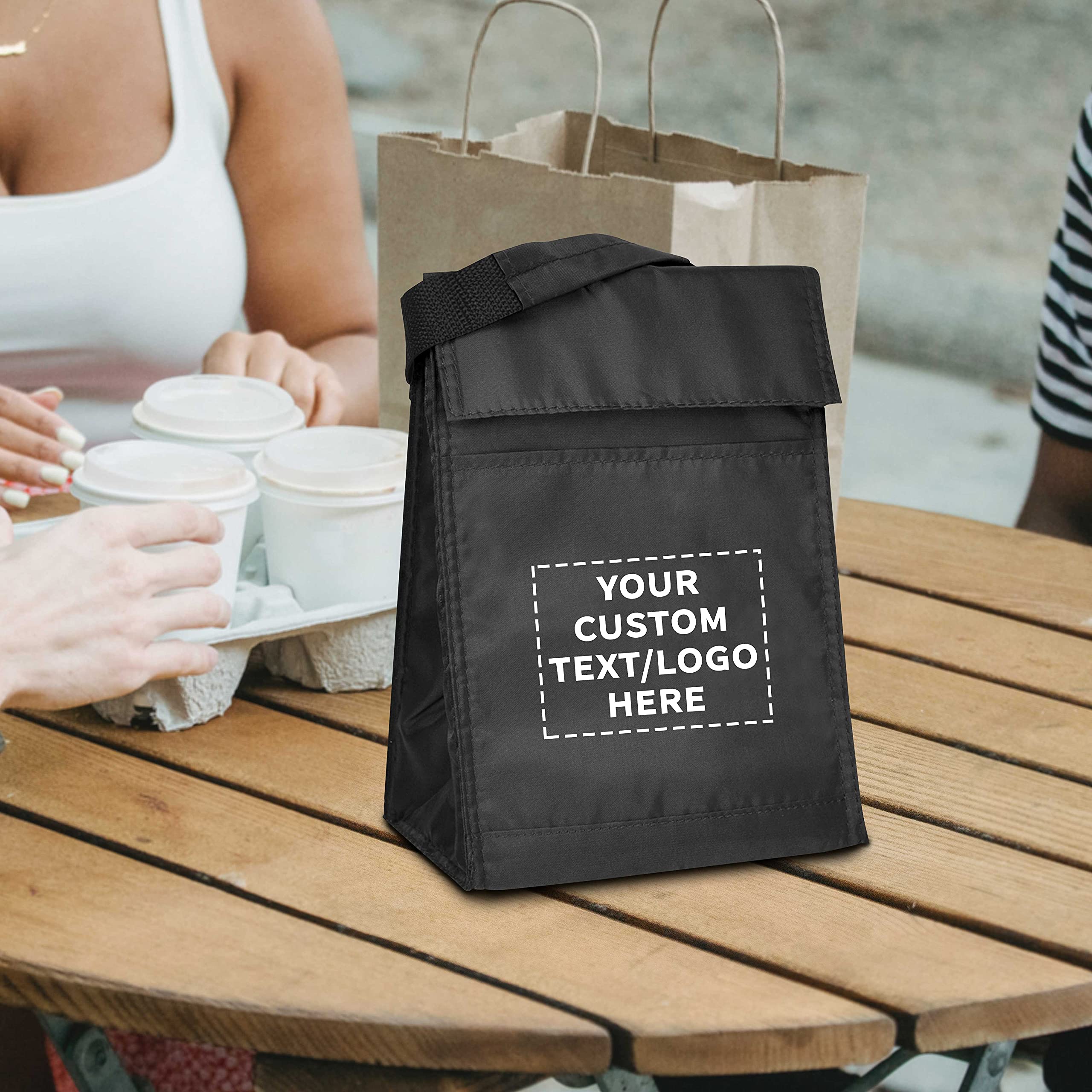 10 Pack Insulated Lunch Bags with Hook & Loop Closure - Customizable Text & Logo - Durable Polyester Reusable Lunch Box for Work, School & Picnic - Vibrant Black Thermal Food Carrier
