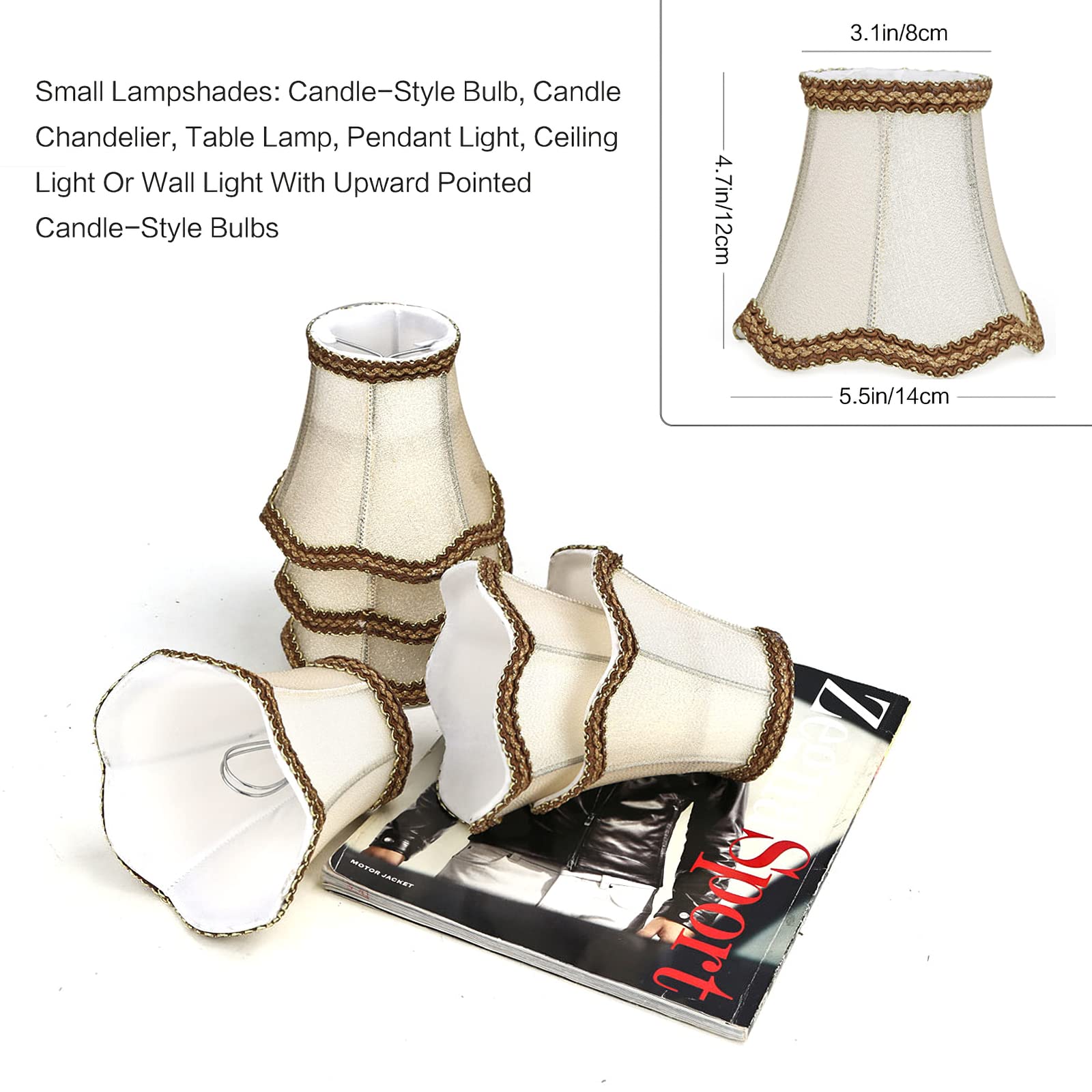 Fuloon Set of 6 Gold Clip-On Lamp Shades - Upright Candle Chandelier Drop Light Lampshade Kit for Dining Room, Bedroom & Living Room Lighting Decor