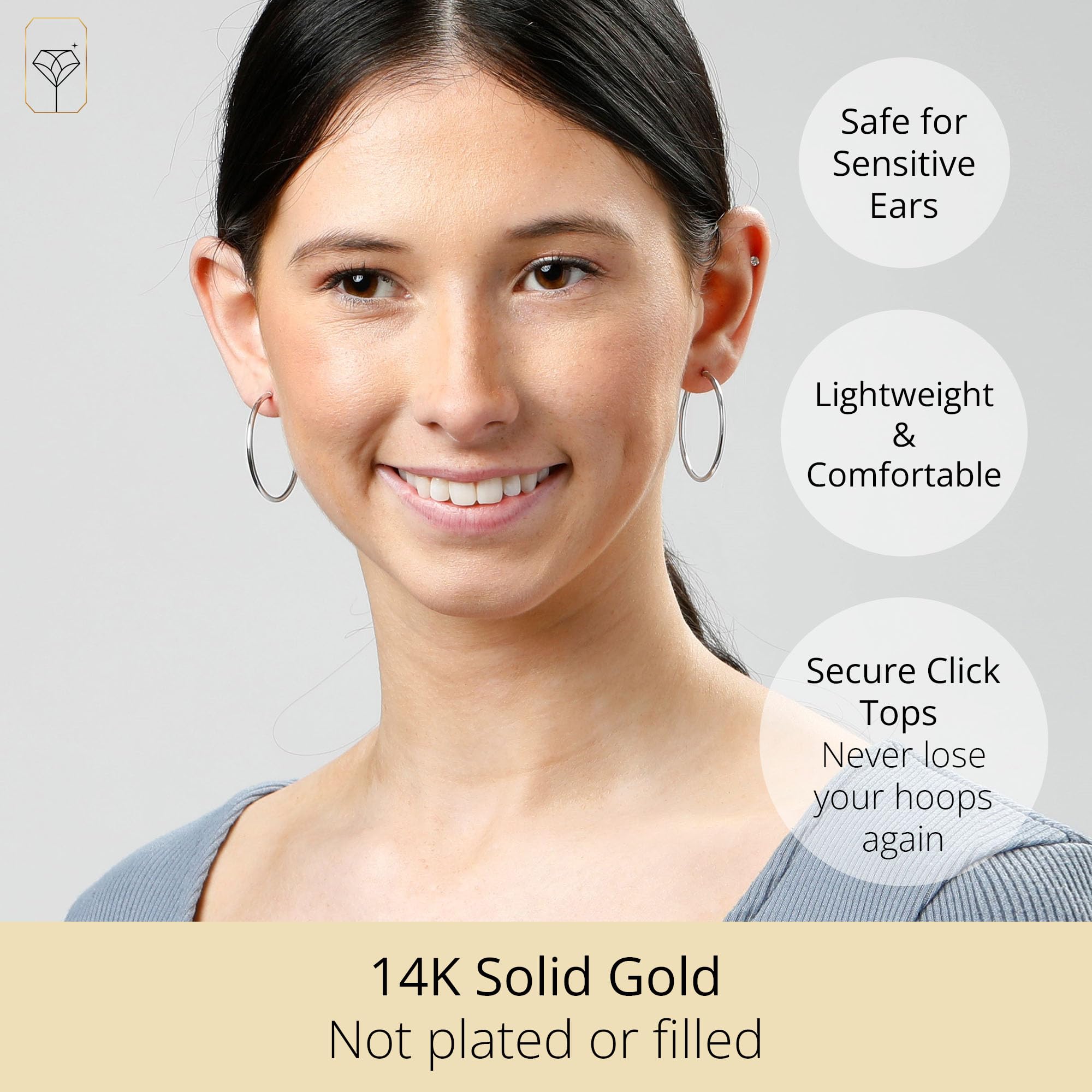 14k Solid Gold Hoop Earrings for Women - Yellow or White Gold Click-Top Hoops | Small to Large Sizes (0.47