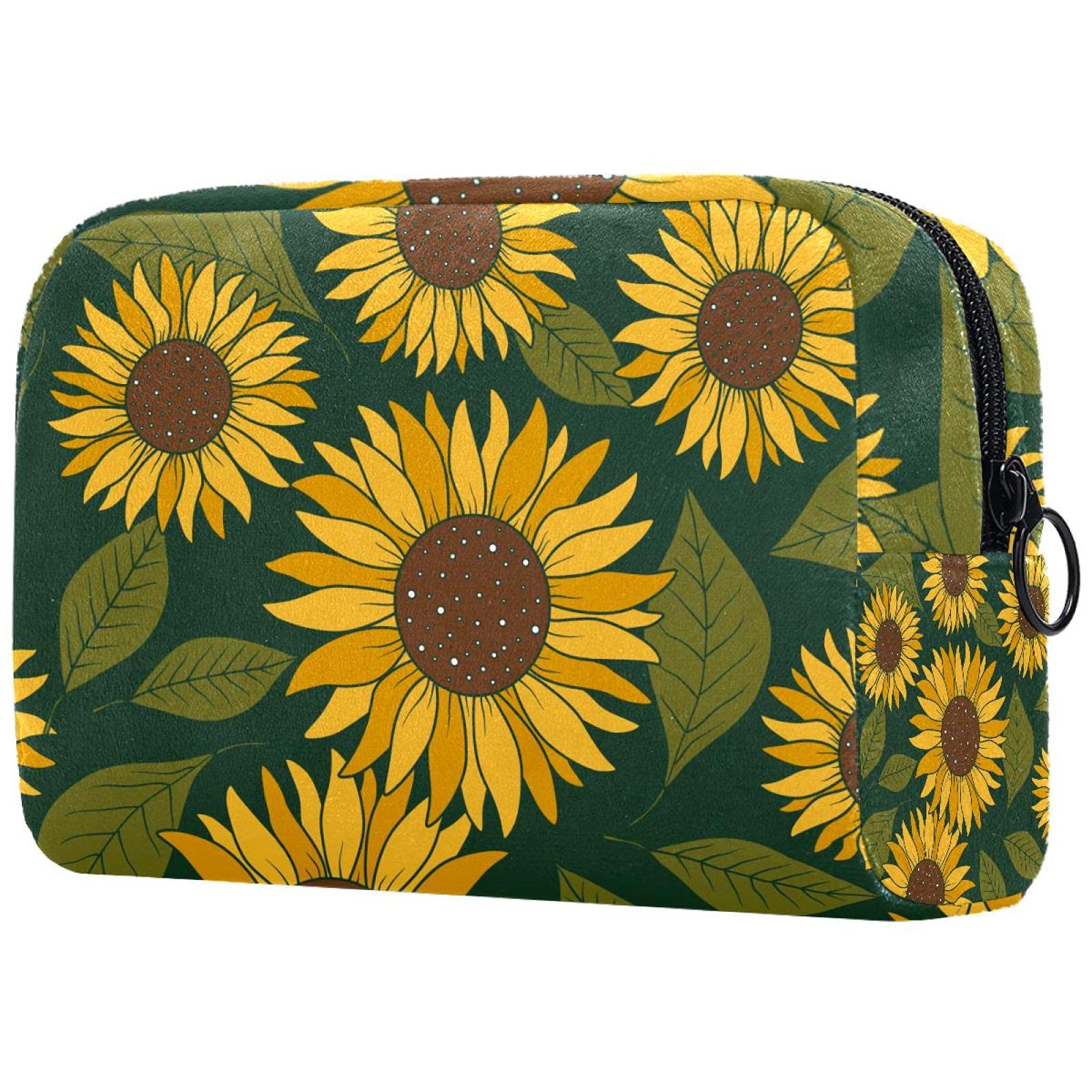Large Sunflower Cosmetic Bag for Women - Green Leaves Pattern Travel Makeup Pouch with Zipper | Waterproof Toiletry Organizer for Vacation, Gym & Daily Use