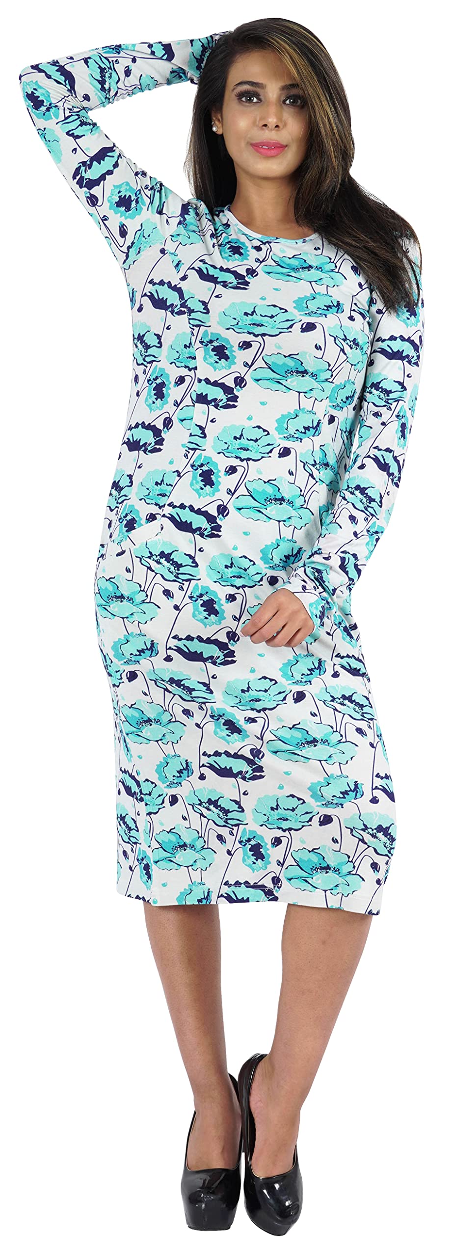Bimba Women's Printed Long Bodycon Dress with Pockets - Full Sleeve Midi Dress for Casual Wear, Party & Office Outfits