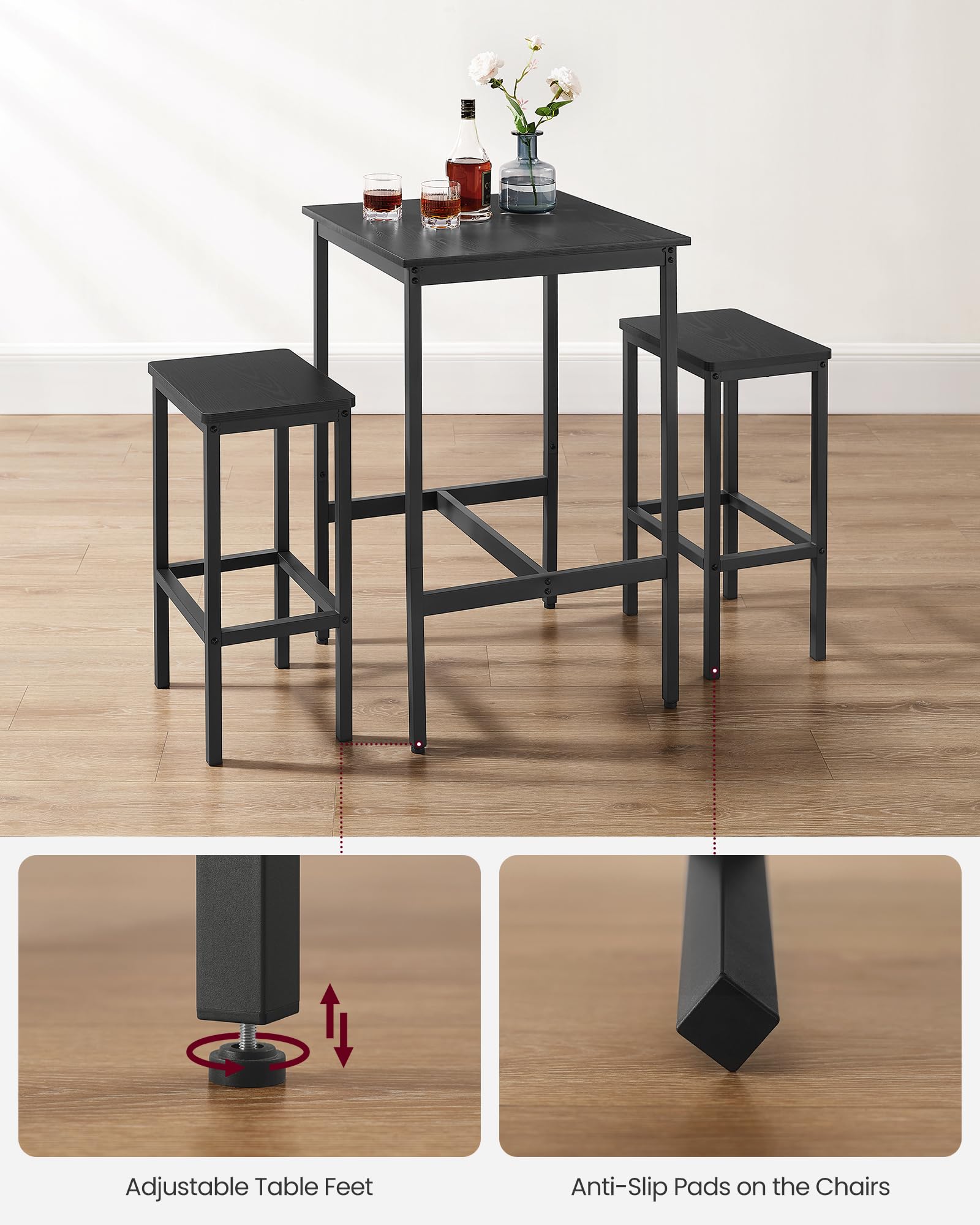 VASAGLE 2-Piece Bar Table and Stools Set, Square Pub Height Dining Table with 2 Stools - Space Saving Kitchen Breakfast Nook, Living Room, Party Room Furniture - Ebony Black & Ink Black - Perfect for Small Apartments, Studio Homes and Entertaining Guests