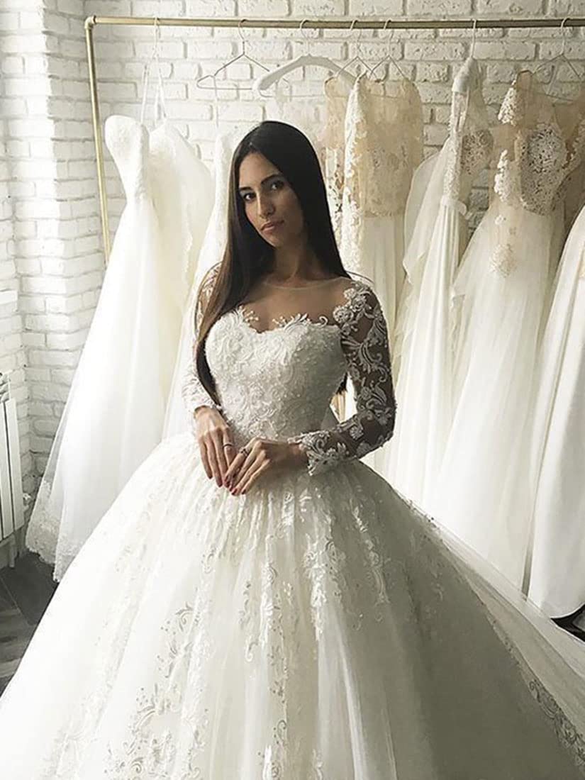 XYAYE Elegant Long Sleeve Lace Wedding Dress for Bride - Modest Bridal Gown with Train, Applique Detailing - Perfect for Church, Beach, and Formal Weddings