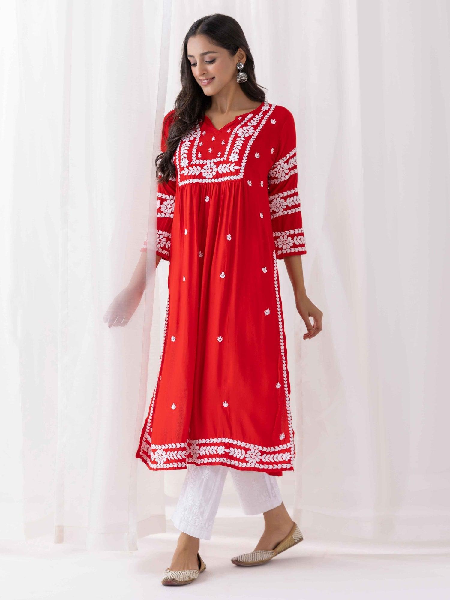Fizaa Women's Chikankari Long Kurta - Red Rayon Cotton Embroidered Tunic for Casual Wear & Festive Occasions