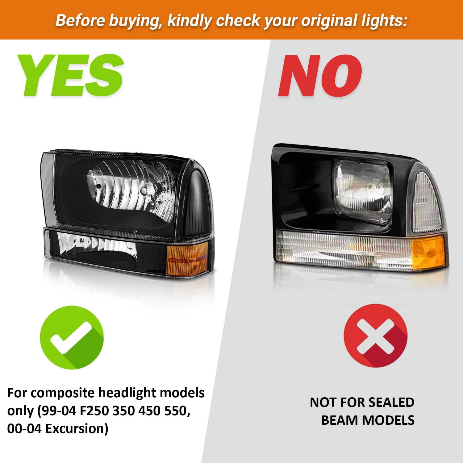 Ford Super Duty F250 F350 Headlight Assembly with Bulbs for 99-04 Models - Perfect for Night Driving & Off-Road Use