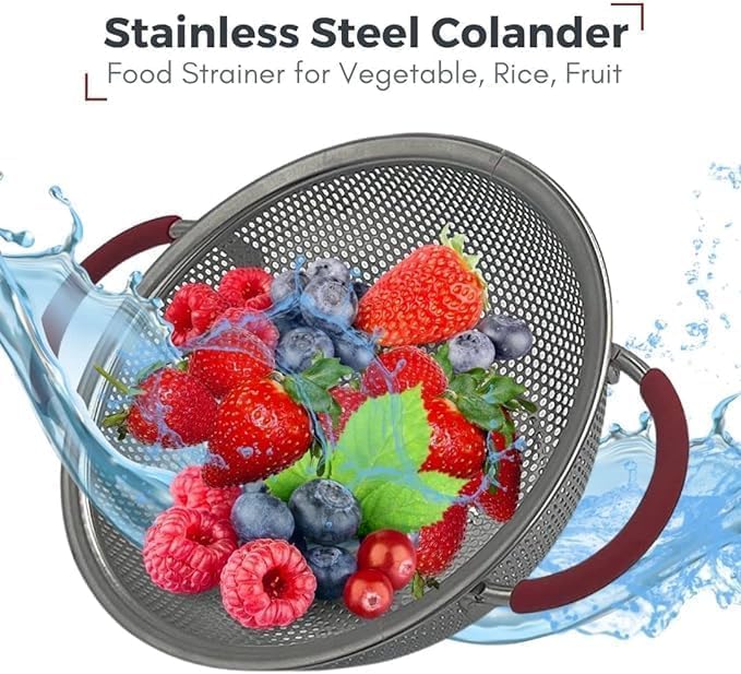 Premium Stainless Steel Pasta Strainer Colander with Handles - Micro-Perforated Kitchen Sieve for Draining Pasta, Washing Vegetables, Fruits & Rice - Dishwasher Safe - Perfect for Cooking, Baking & Meal Prep