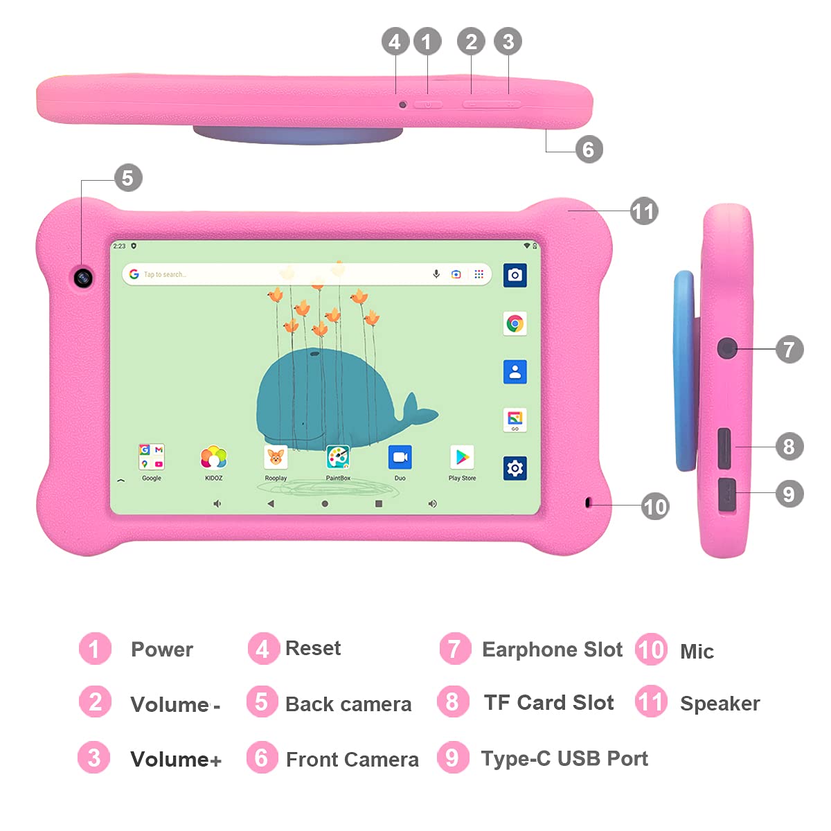 7 Inch Kids Tablet with WiFi & Android 11 - Full HD 1920x1200 IPS Screen, 2GB RAM 32GB Storage - Preloaded with Kidoz Educational Games & Apps (Pink) - Perfect for Learning, Entertainment & Travel