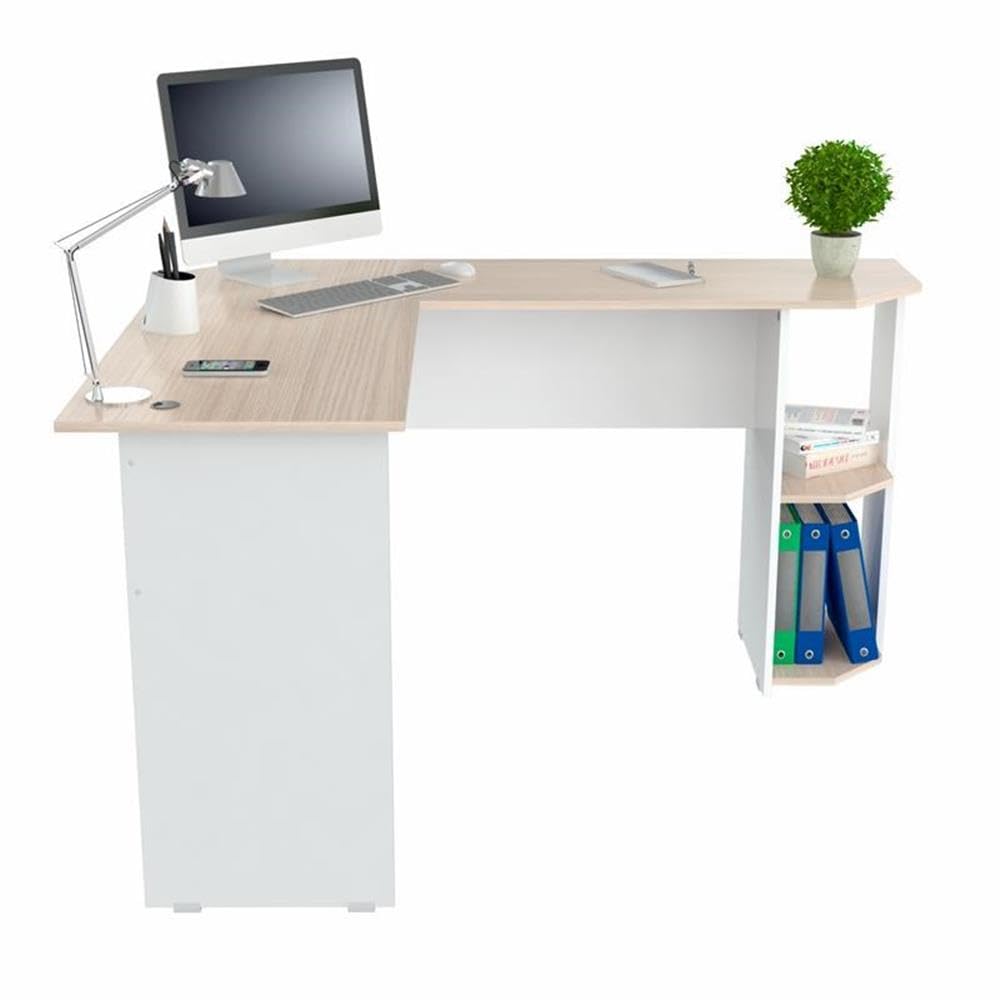 Inval Merlin L-Shape 2-Shelf Computer Desk, Maple and White - Home Office Desk for Small Spaces, Gaming & Study Workstation - Perfect for Apartments, Dorms & Workspaces