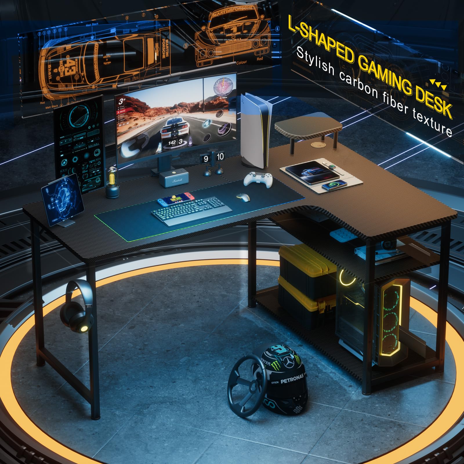 GTRACING L-Shaped Gaming Desk - Carbon Fiber Style Computer Desk with Monitor Arm & Storage Shelves, Adjustable Shelf Height, Easy to Assemble - Perfect for Home Office, Gaming Setup & Workspace Organization