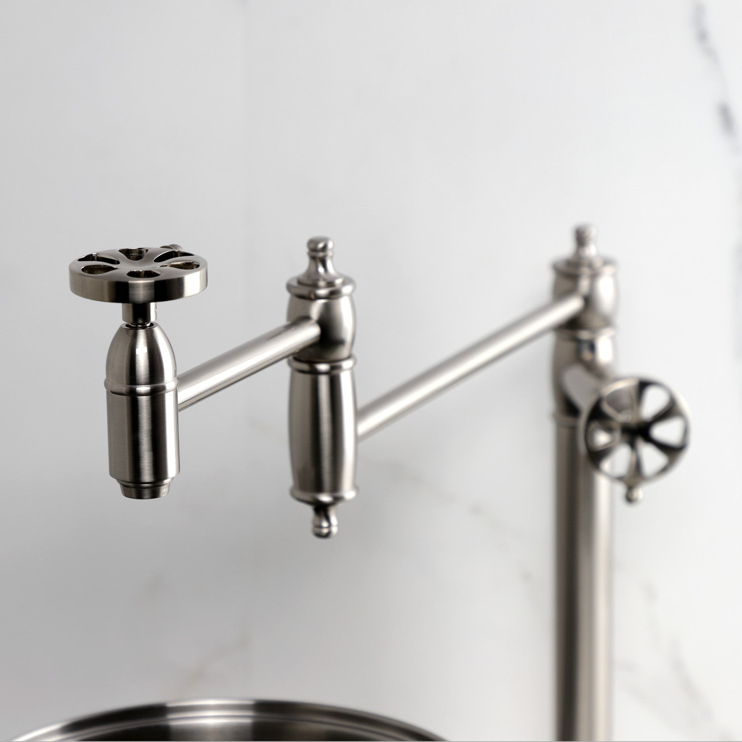 Belknap KS3708RX Brushed Nickel Two Handle Deck Mount Pot Filler Faucet - Ideal for Kitchen Sink, Stove, and Cooking Area