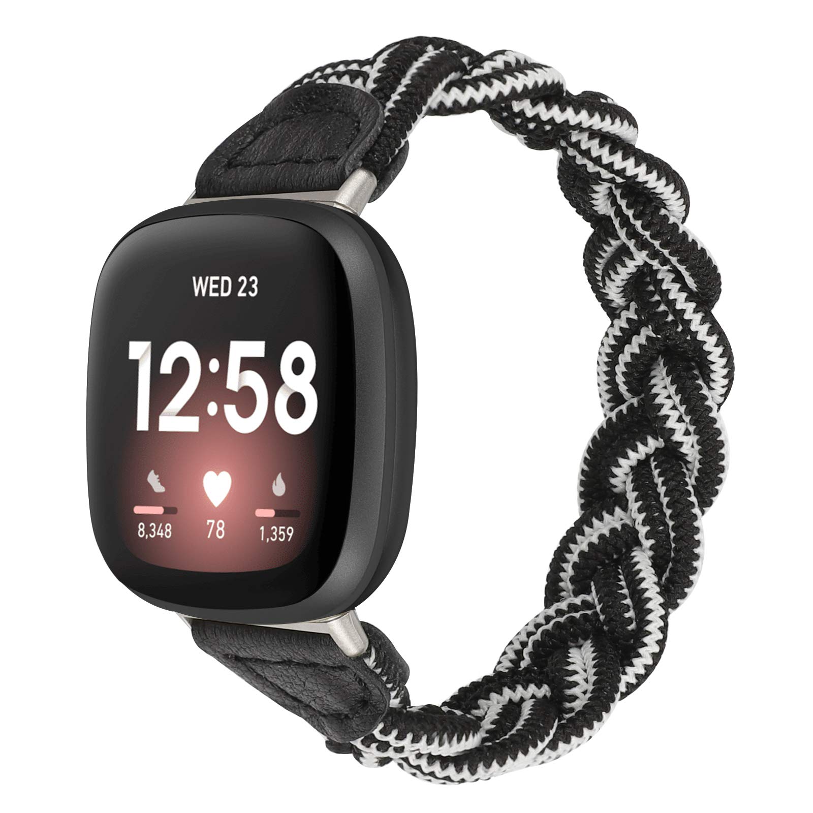 Premium Elastic Braided Solo Loop Band for Fitbit Sense/Sense 2/Versa 3/Versa 4 - Slim Stretchy Woven Wristband Accessory for Women (Black & White) | Perfect for Workouts, Running & Everyday Wear
