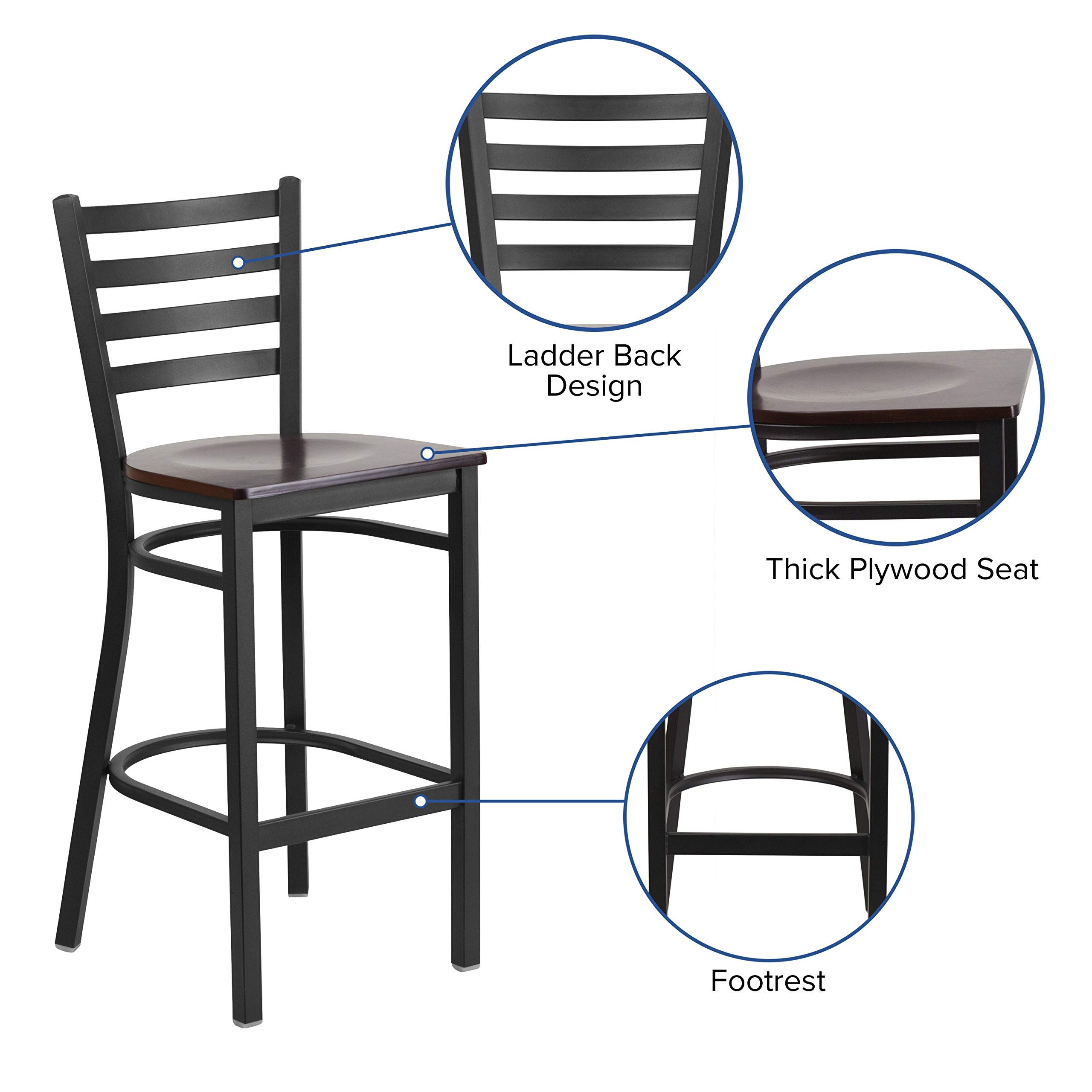 Black Metal Bar Stool with Walnut Wood Seat - Adjustable Height Ladder Back Design for Kitchen Counter, Restaurant & Home Bar - Heavy Duty Commercial Use