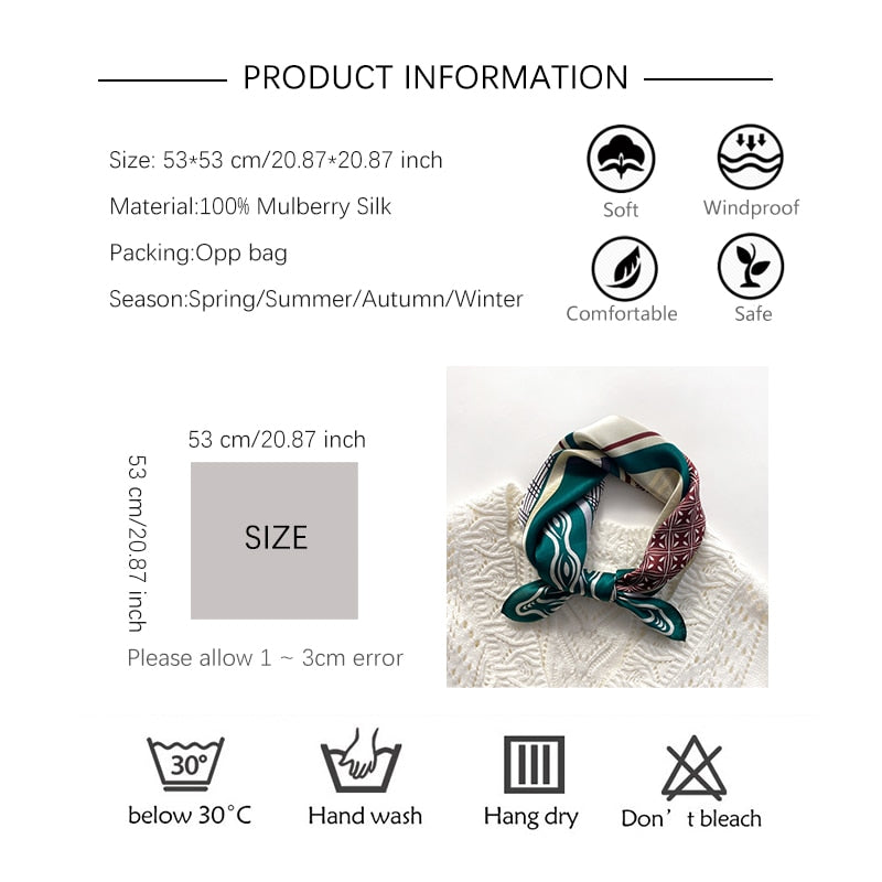Luxury 100% Natural Silk Square Scarf for Women - Fashion Designer Print Hair Bandana & Neck Foulard - Elegant Small Kerchief Accessory 2024 New Collection - Perfect for Office, Parties, Weddings & Everyday Fashion