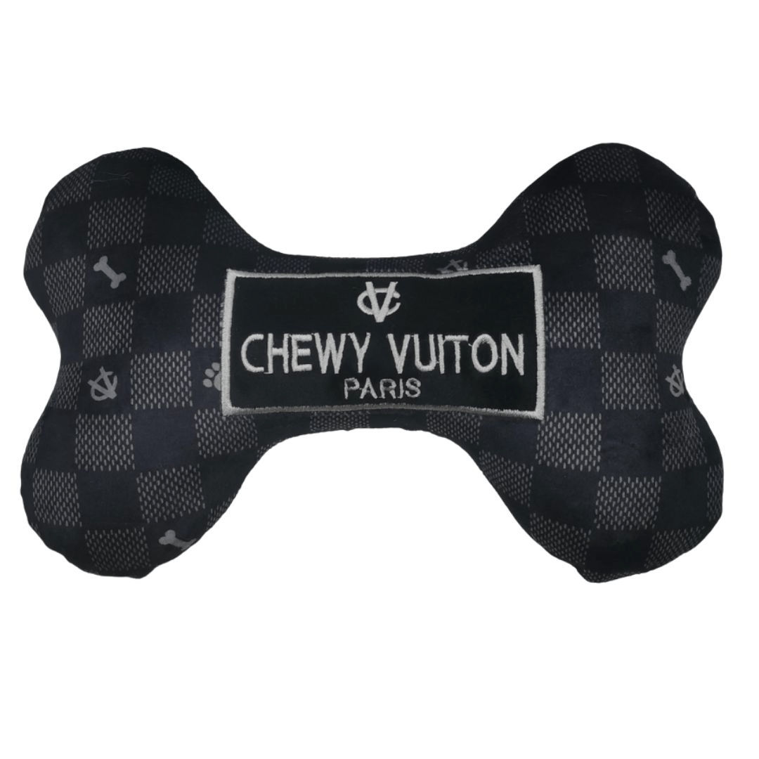 Black and White Checkered Chewy Louis Vuitton Inspired Plush Dog Bone Toy - Durable Pet Chew Toy for Small & Medium Dogs, Perfect for Teething Puppies and Playtime