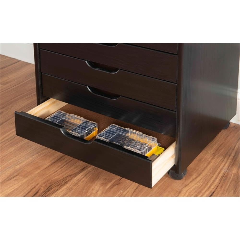 Mid Century Modern 6-Drawer Wood Dresser with Wheels - Black Rolling Storage Cabinet, Mobile Organizer Cart for Bedroom, Office, Living Room (15.35