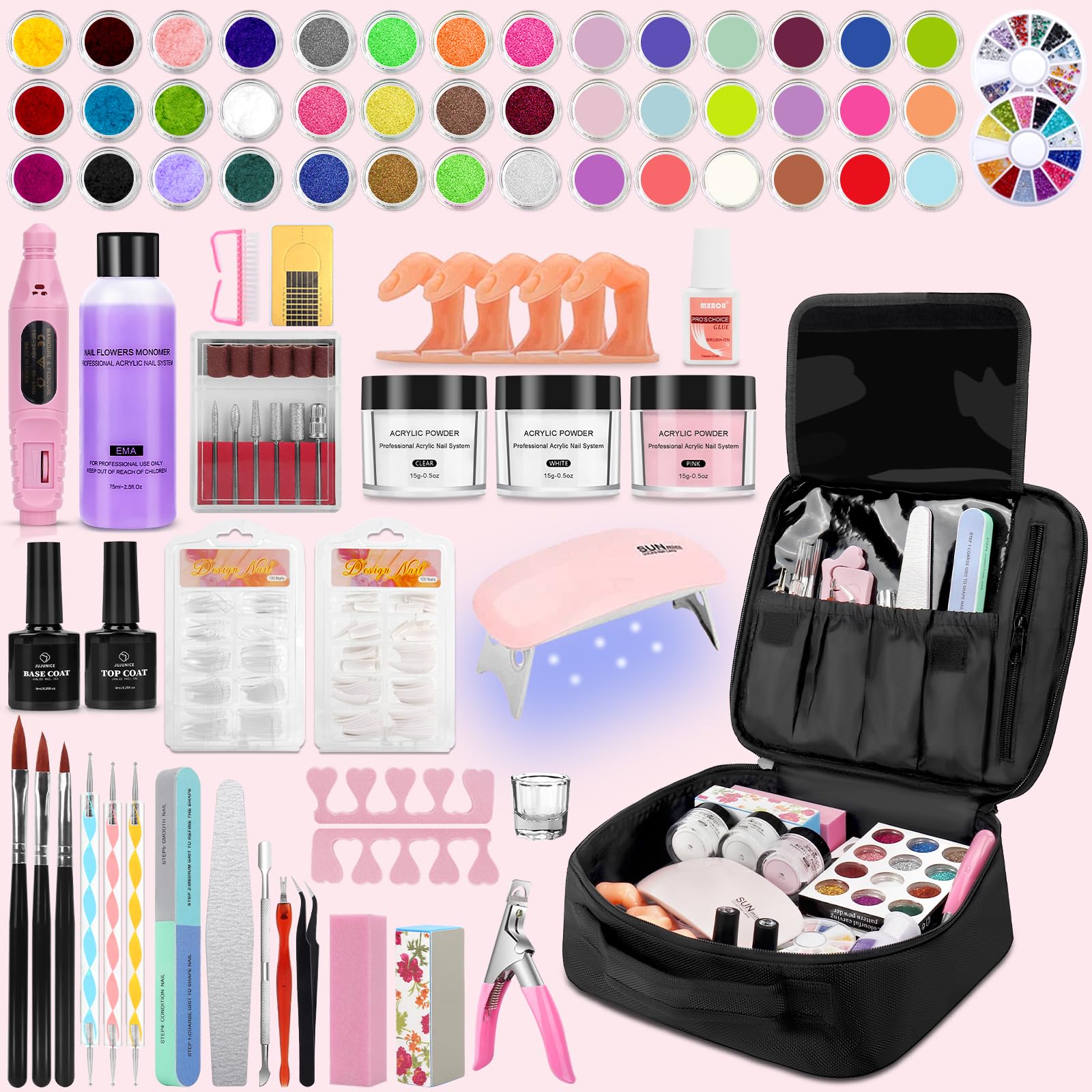 42 Colors Acrylic Nails Kit with Drill & UV Light - Professional Nail Powder, Glitter & Monomer Liquid Set with Storage Bag & 5 Practice Fingers | DIY Salon Manicure at Home, Nail Art Design for Beginners & Professionals