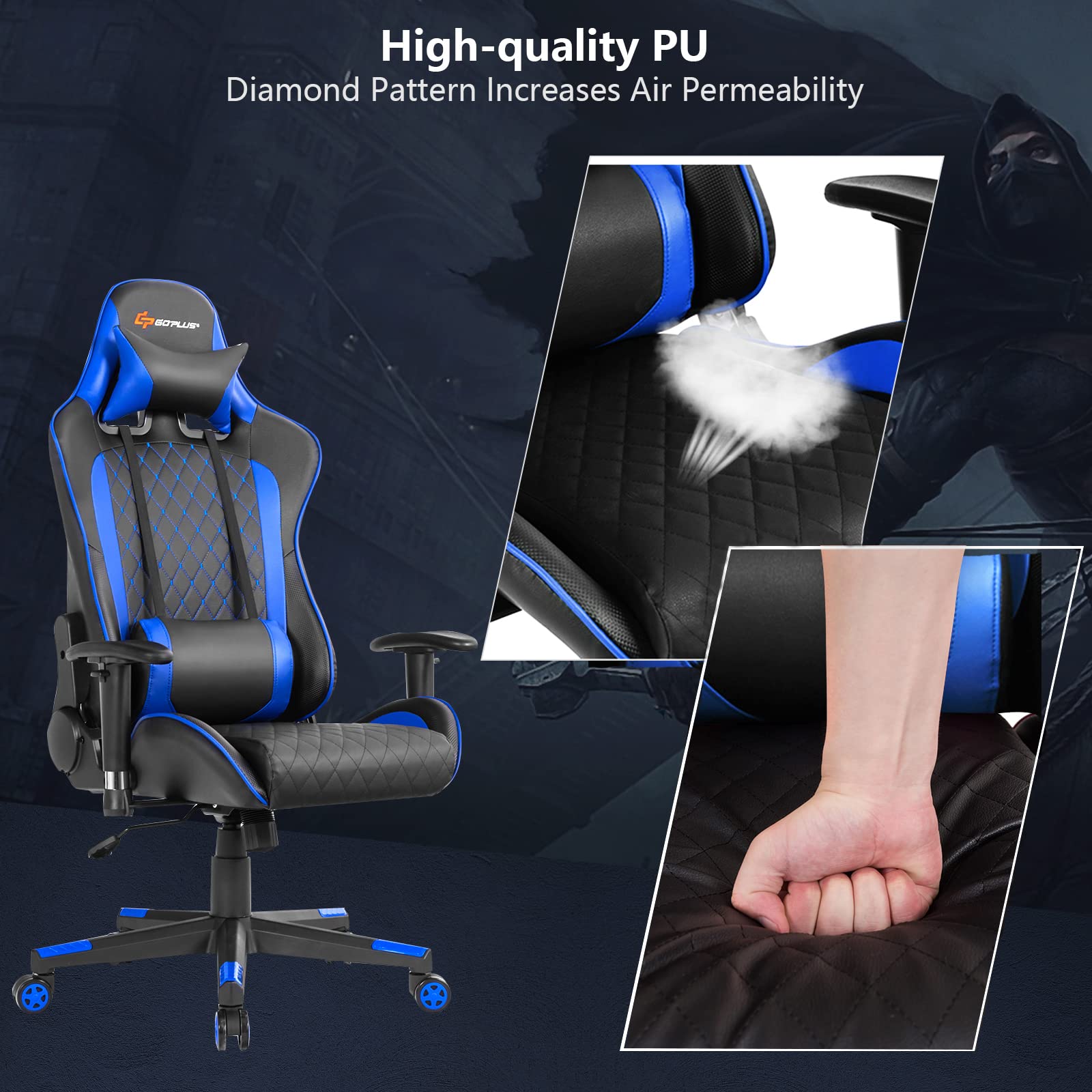 Powerstone Ergonomic Gaming Chair with Adjustable Armrest, Massage Lumbar Support & Wide Cushion - Blue Office Computer Chair for Adults - Perfect for Gaming, Working & Home Office Use