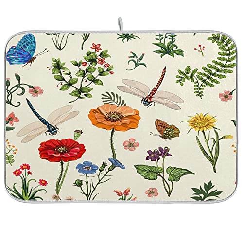Floral Dragonfly Vintage Dish Drying Mat 18x24 Inches - Fast Absorbent Heat Resistant Kitchen Counter Decor with Butterfly Leaves Design - Perfect for Tableware, Dishes, Baby Bottles & Kitchen Accessories - Ideal for Spring Decor and Daily Dish Drying Needs