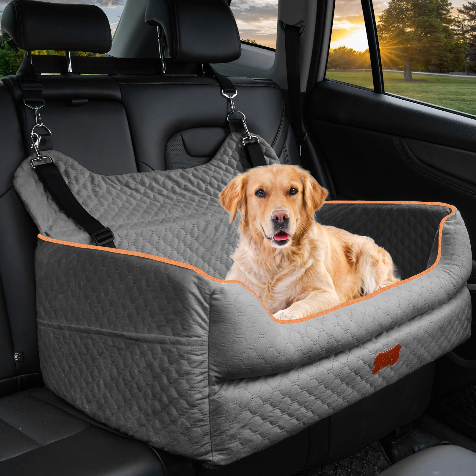 Premium Memory Foam Dog Car Booster Seat for Large & Medium Dogs (Up to 55Lbs) - Detachable Washable Travel Bed with Thick Cushion & Storage Pockets - Grey - Perfect for Road Trips, Vet Visits & Daily Commutes with Your Pet