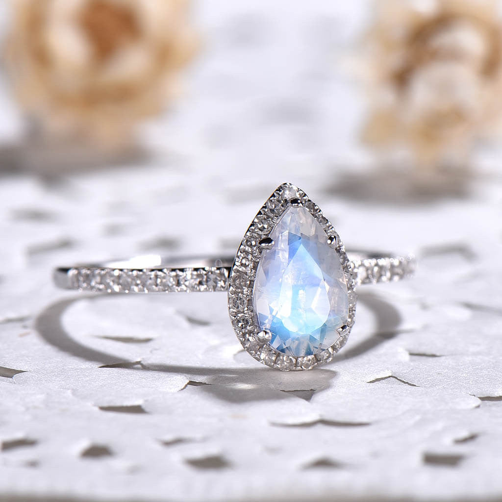 18K White Gold Water Drop Moonstone Ring with Diamond Halo | European & American Fashion Jewelry for Women | Perfect for Weddings, Parties & Everyday Elegance