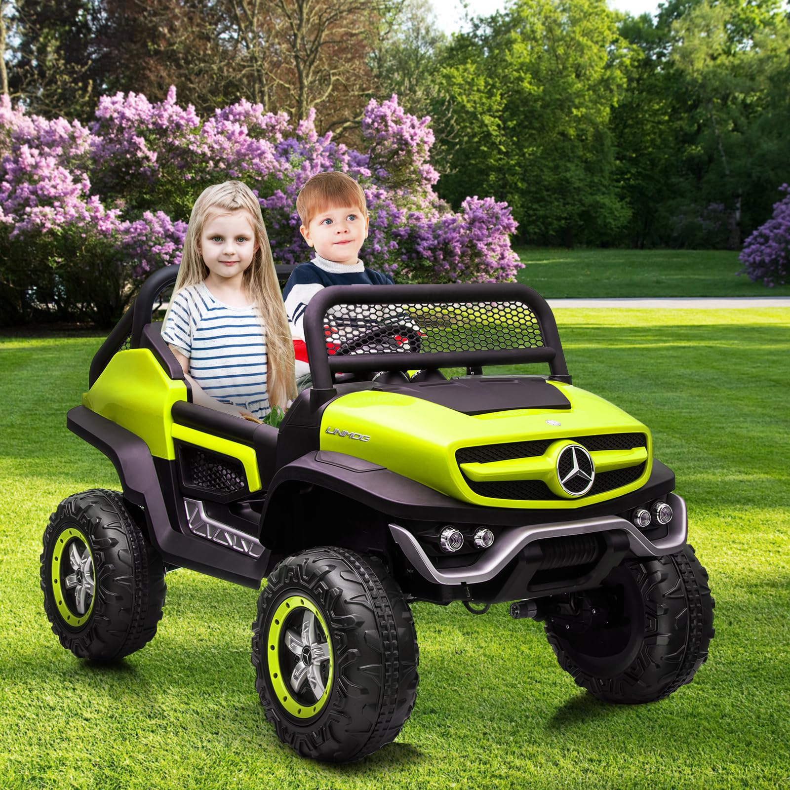 GARVEE 24V Kids Ride On Truck - 2 Seater Licensed Mercedes Benz Electric Toy Car with Remote Control, LED Lights & Music | Battery Display, Spring Suspension & Trunk | Perfect for Toddlers Outdoor Play & Birthday Gifts