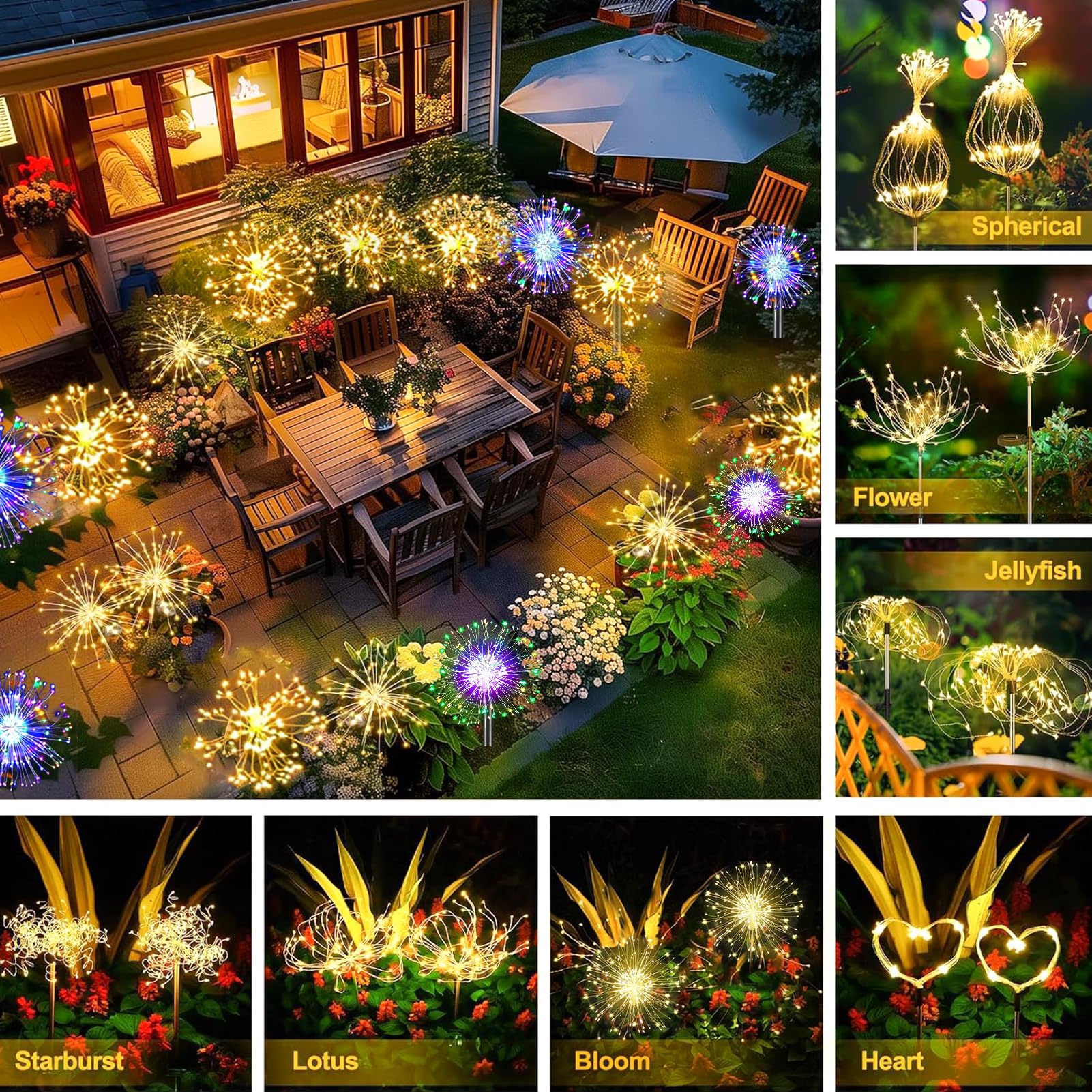 120 LED Solar Fireworks Lights 2 Pack - Waterproof Outdoor Garden Lighting with 8 Modes, Warm White Sparkler Yard Decor for Patio, Pathway & Backyard - Solar Powered Dandelion String Lights for Festive Nights & Landscape Illumination