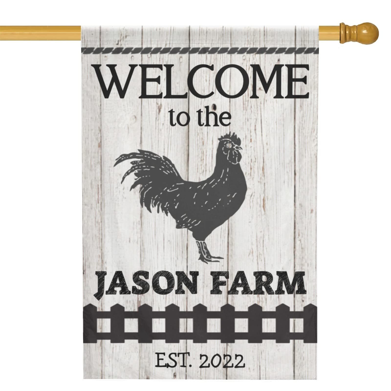 Custom Personalized Welcome Black Chicken Farm Wood Print Garden Flag - Double Sided 28x40 Inch with Name - Indoor Outdoor Home Decor for Porch, Yard, Farmhouse & Seasonal Celebrations