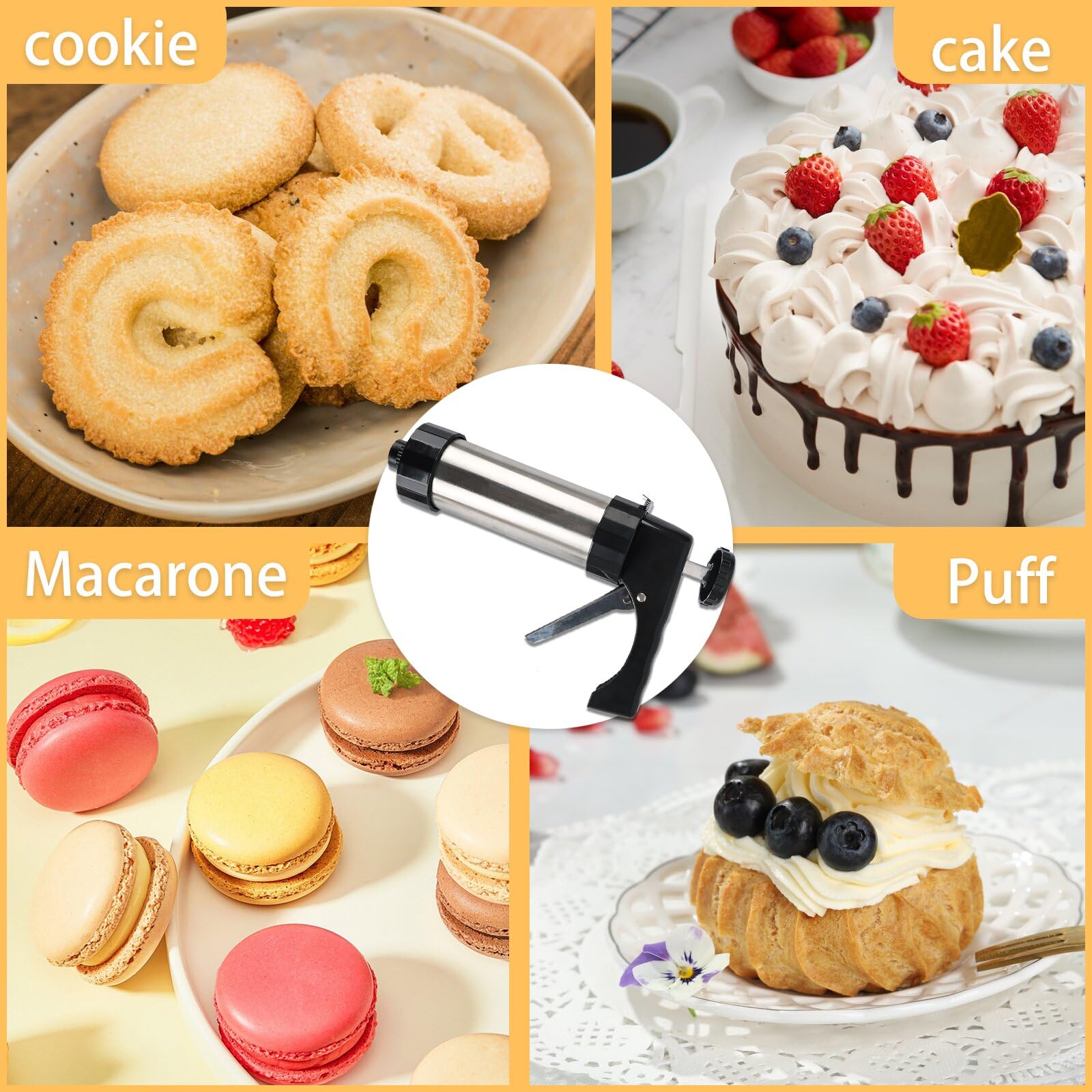 Stainless Steel Cookie Press Gun Kit with 13 Discs & 8 Tips - for Baking, DIY Biscuits & Cake Decorating