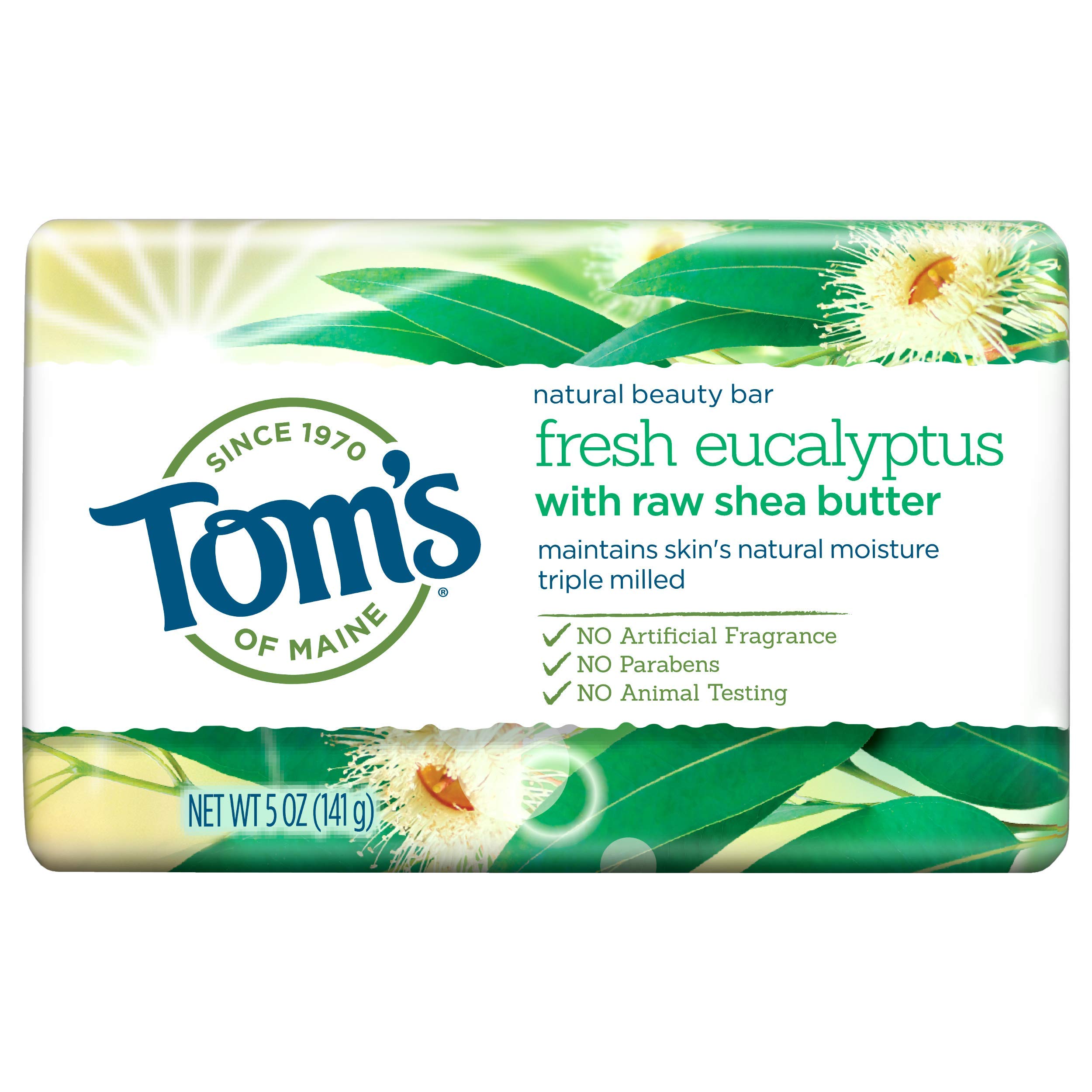 Tom's of Maine Natural Beauty Bar Soap - Fresh Eucalyptus Scent, 5 oz | Vegan, Cruelty-Free & Natural Ingredients for Sensitive Skin | Perfect for Daily Cleansing & Relaxing Bath Time
