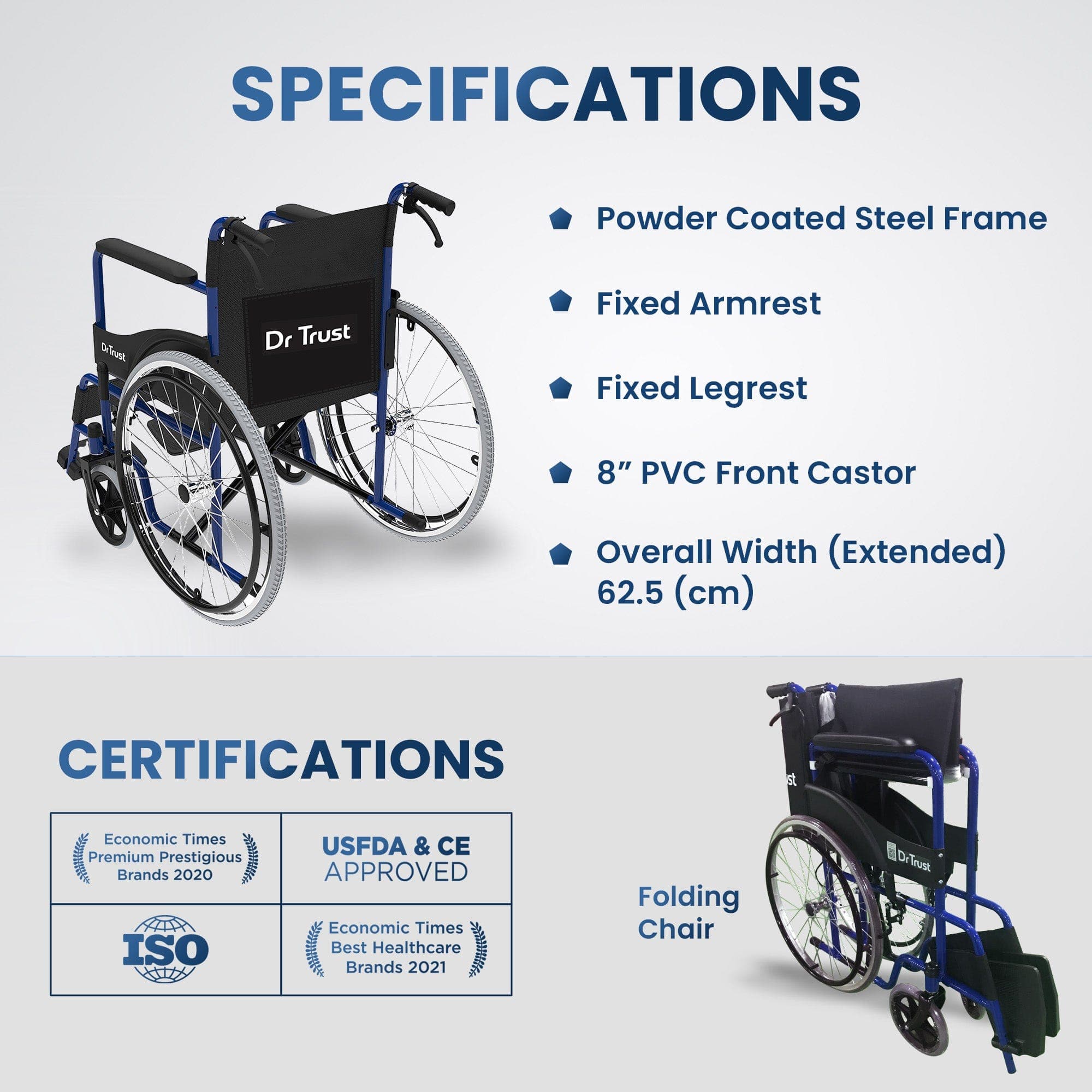 Dr Trust USA Lightweight Foldable Wheelchair Model 342 - Portable Mobility Aid for Seniors & Disabled - Ideal for Travel, Home & Hospital Use