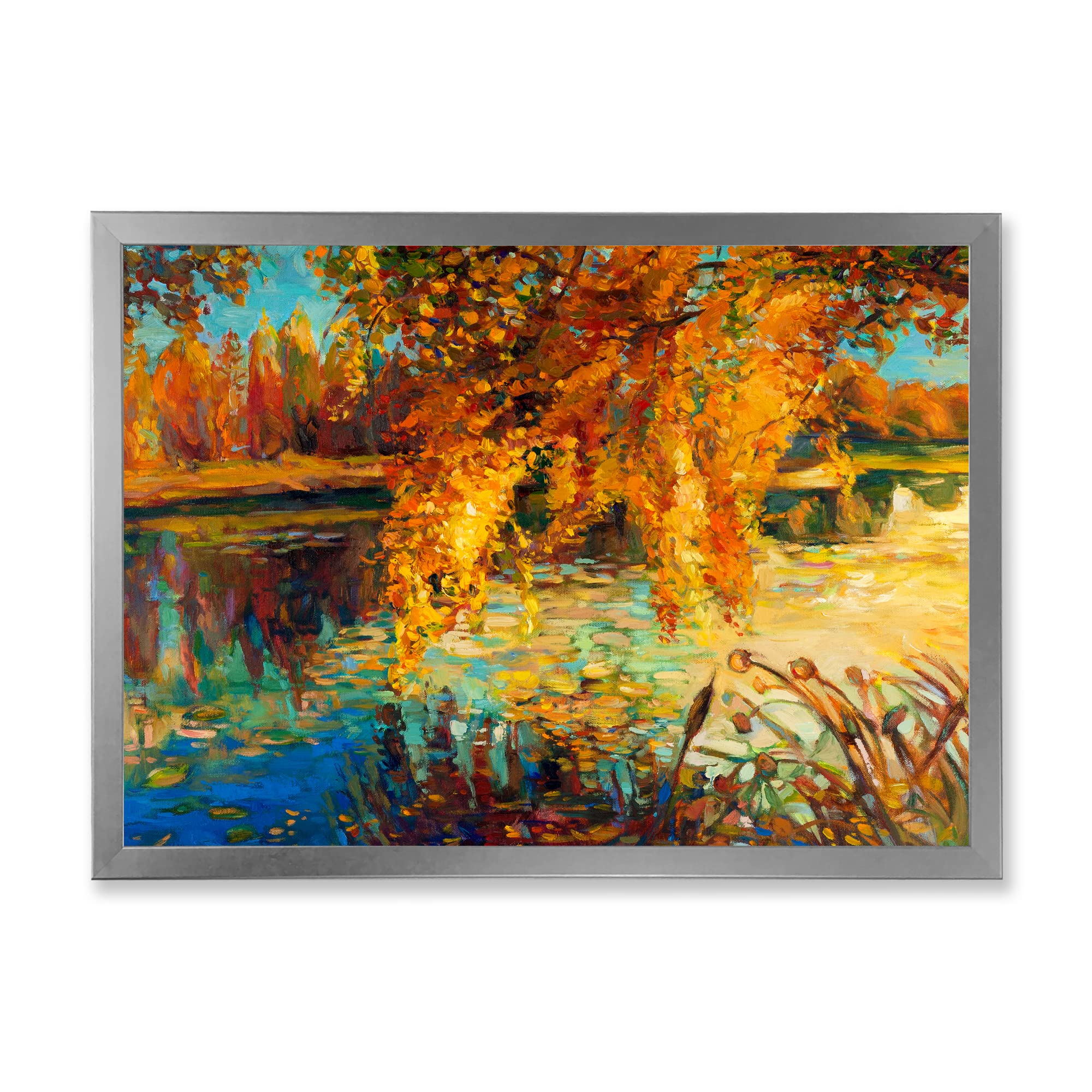 Orange Autumn Forest Lake House Framed Wall Art - Nature Landscape Canvas Painting for Living Room, Bedroom & Office Decor