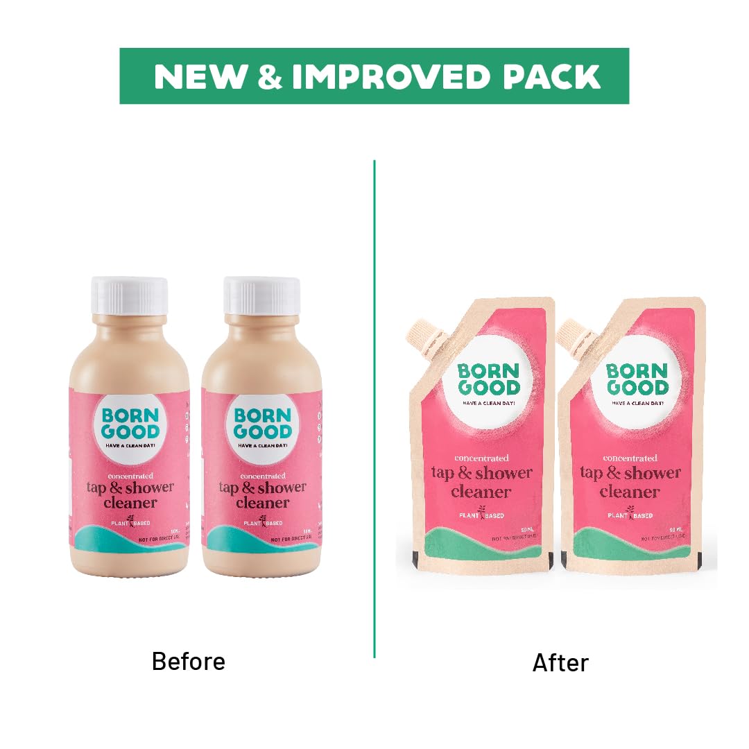 Born Good Plant-Based Concentrated Tap & Shower Cleaner - 50ml (Pack of 2) | Eco-Friendly, Biodegradable Formula | Removes Hard Water Stains & Limescale | Makes 1L Solution | Perfect for Bathroom, Kitchen & Household Cleaning