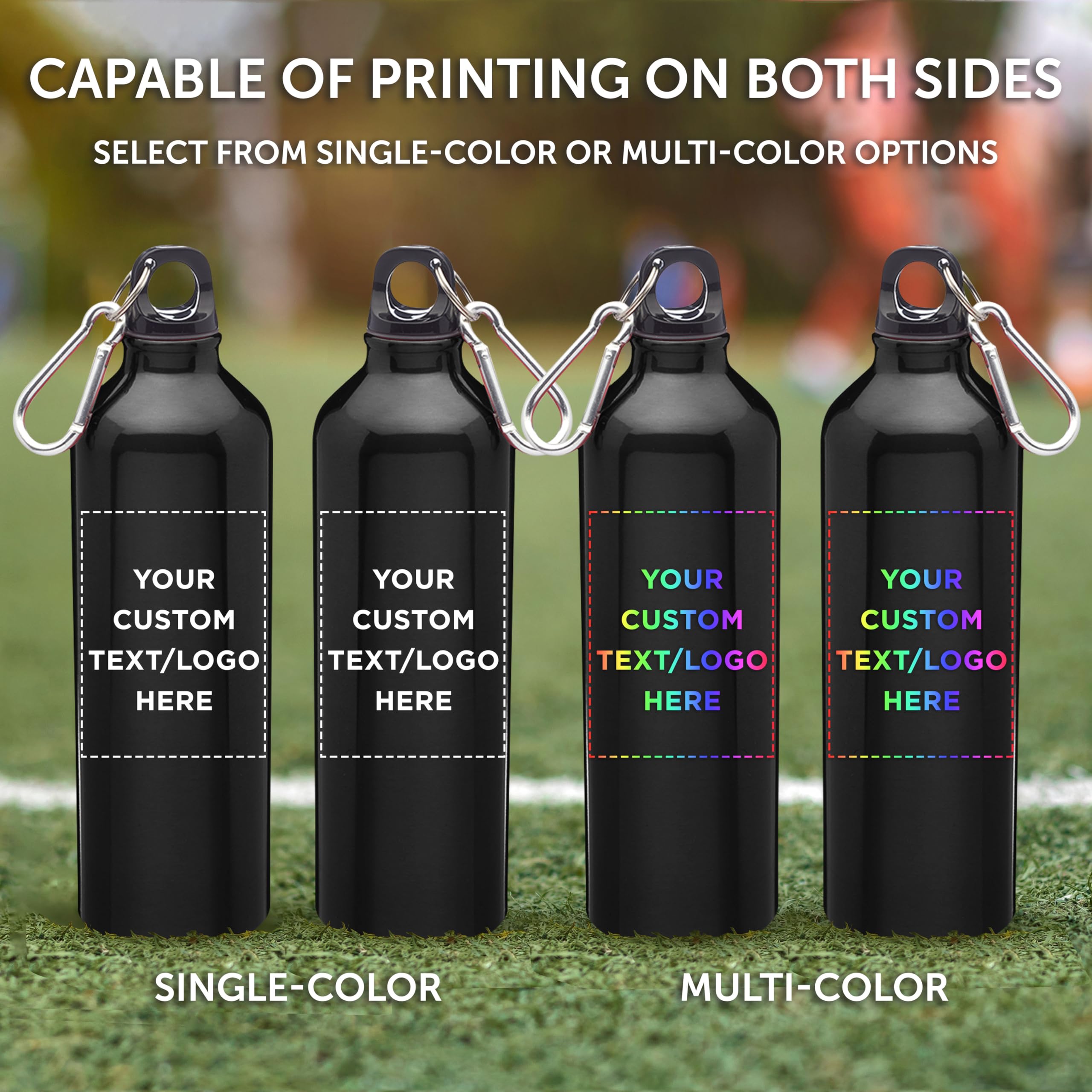 Custom 24oz Aluminum Water Bottles with Carabiner - 10 Pack Bulk Personalized Sports Bottles - Gym, Hiking, Camping, Running Accessories - Matte Black Finish - Ideal for Outdoor Activities, Team Events & Corporate Gifts