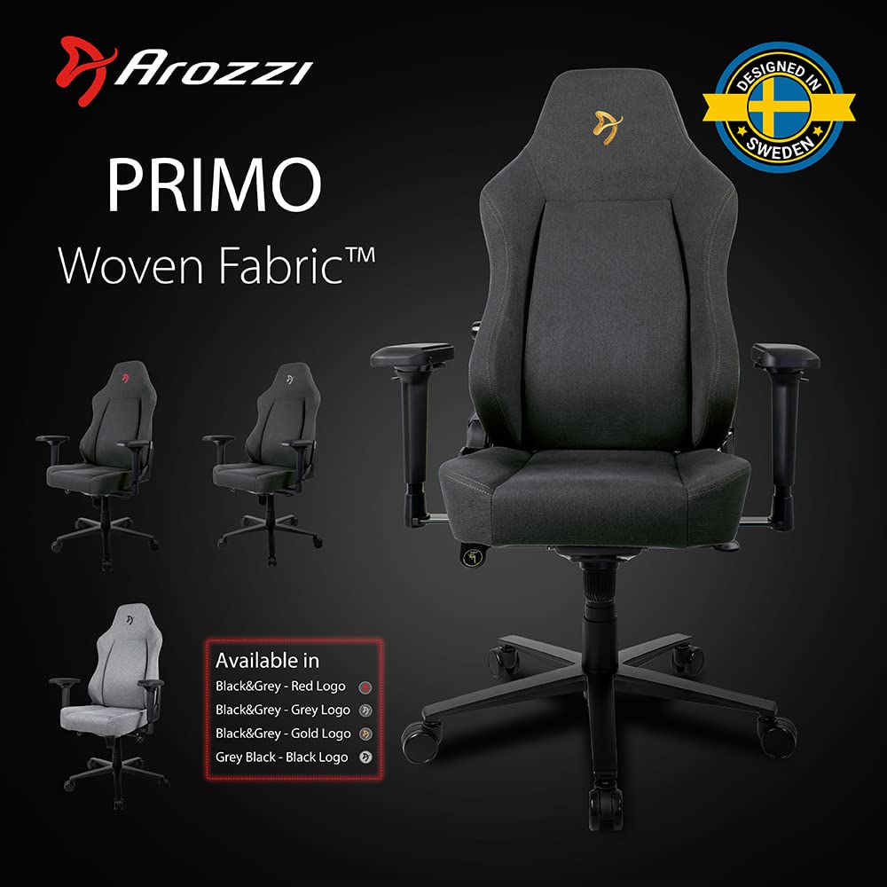 Arozzi Primo Premium Woven Fabric Gaming Chair - Ergonomic High Back Office Chair with 4D Adjustable Armrests, Recliner, Swivel & Tilt Function, Built-in Lumbar Support & Neck Pillow - Dark Grey with Gold Accent - Perfect for Gaming, Working & Home Office Setup